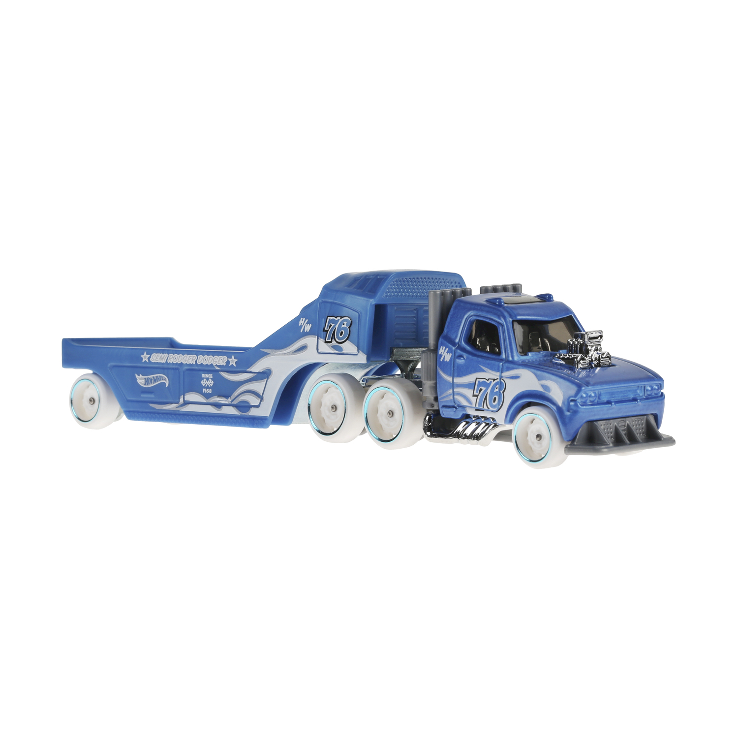 Camion giocattolo blu con rimorchio, numero 76, su sfondo bianco.