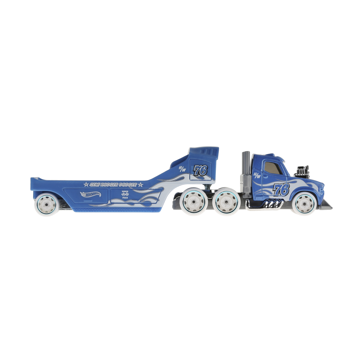 Un camion giocattolo blu e bianco con un rimorchio, con il numero 76 sul camion e sul rimorchio.