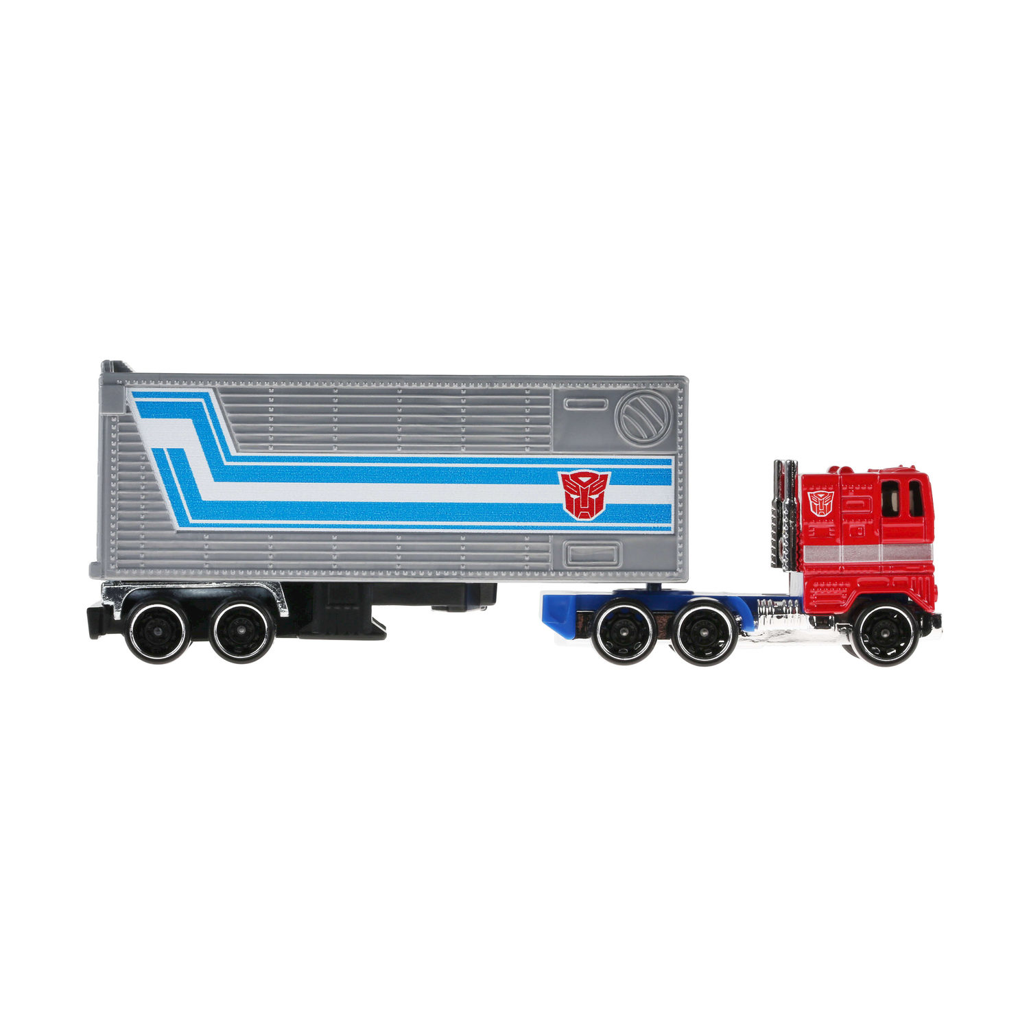 Autocarro giocattolo con rimorchio. Cabina rossa con rimorchio a strisce blu con il logo Transformer.