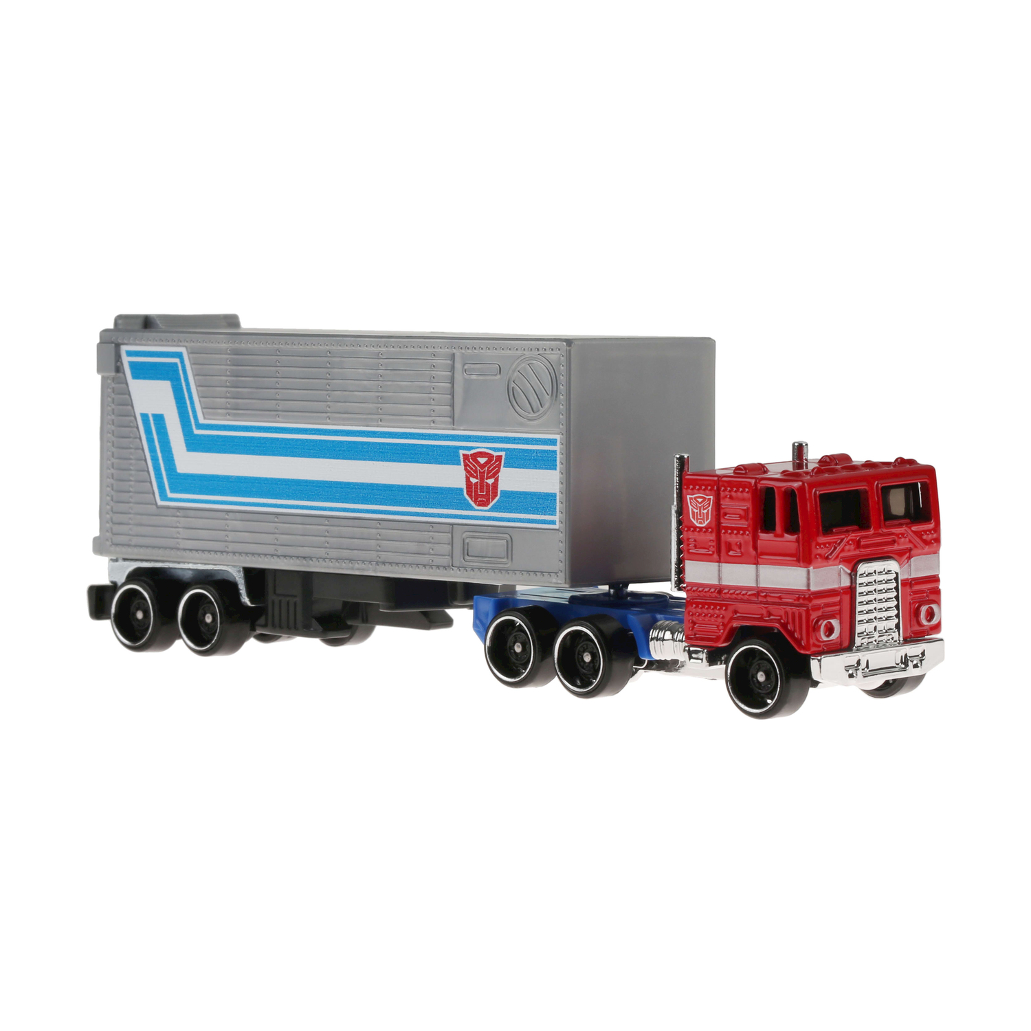 Camion giocattolo rosso e grigio con rimorchio. Logo Transformers visibile.