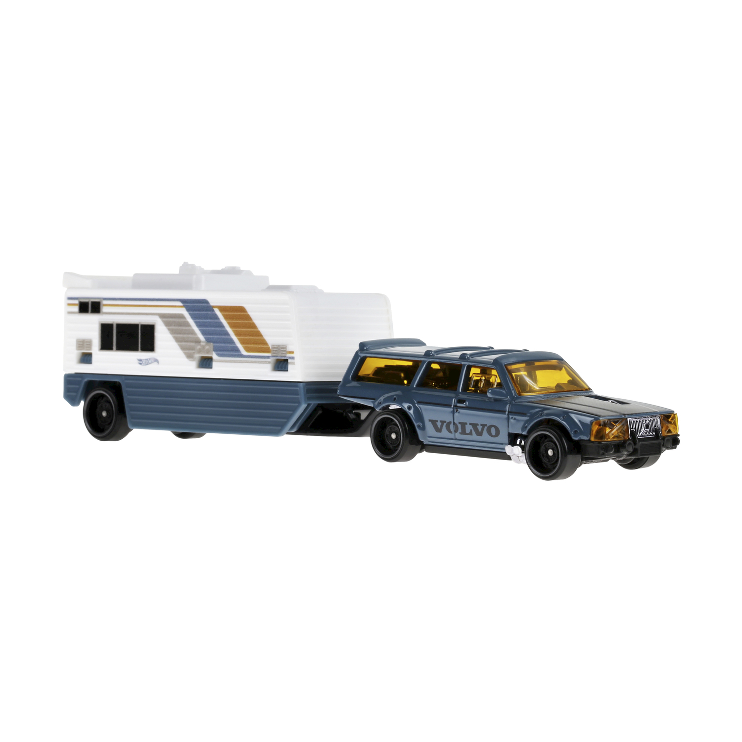 Macchinina che traina un rimorchio per camper bianco e blu su sfondo bianco.