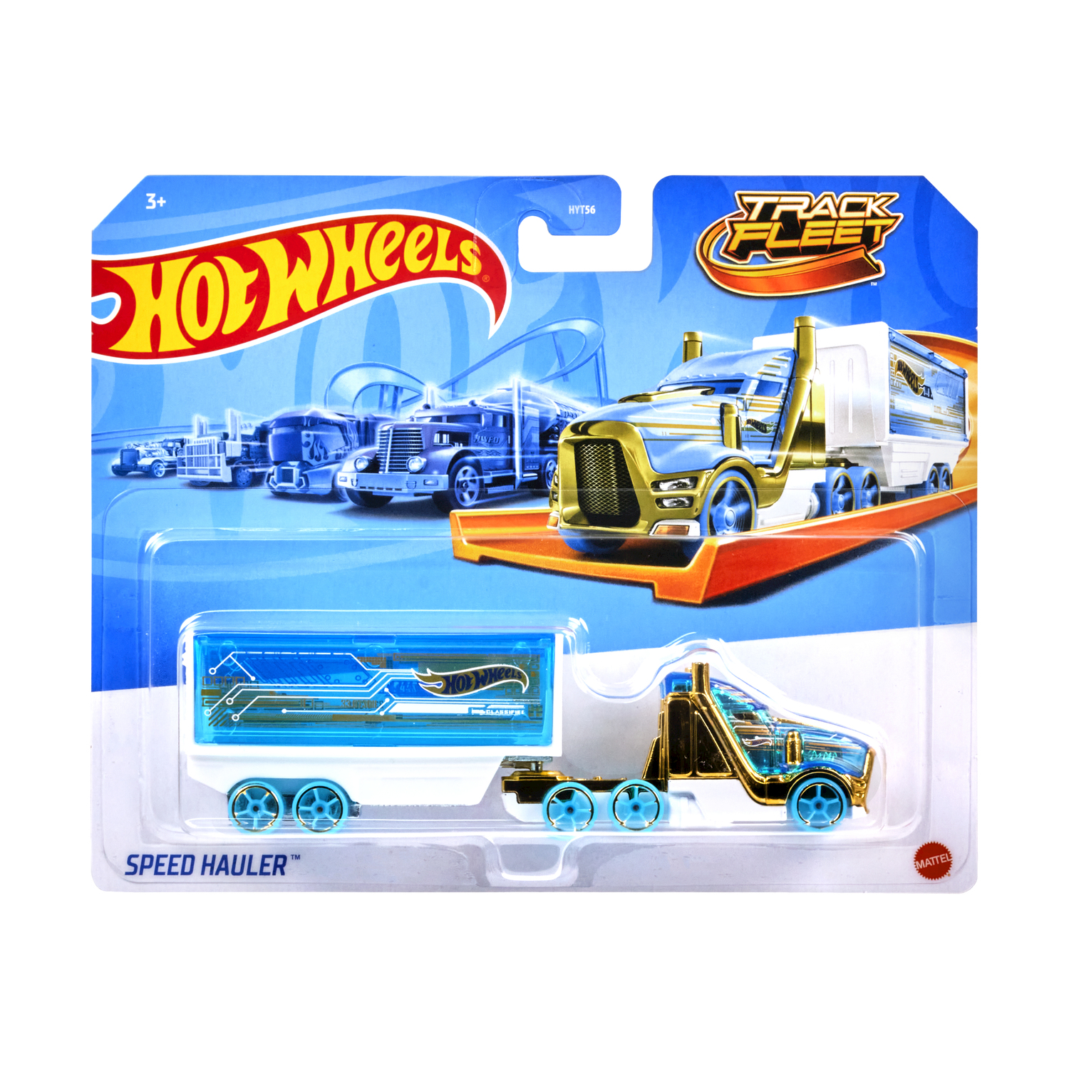 Una confezione di macchinine Hot Wheels. Il giocattolo è un autoarticolato blu e oro con un rimorchio abbinato.