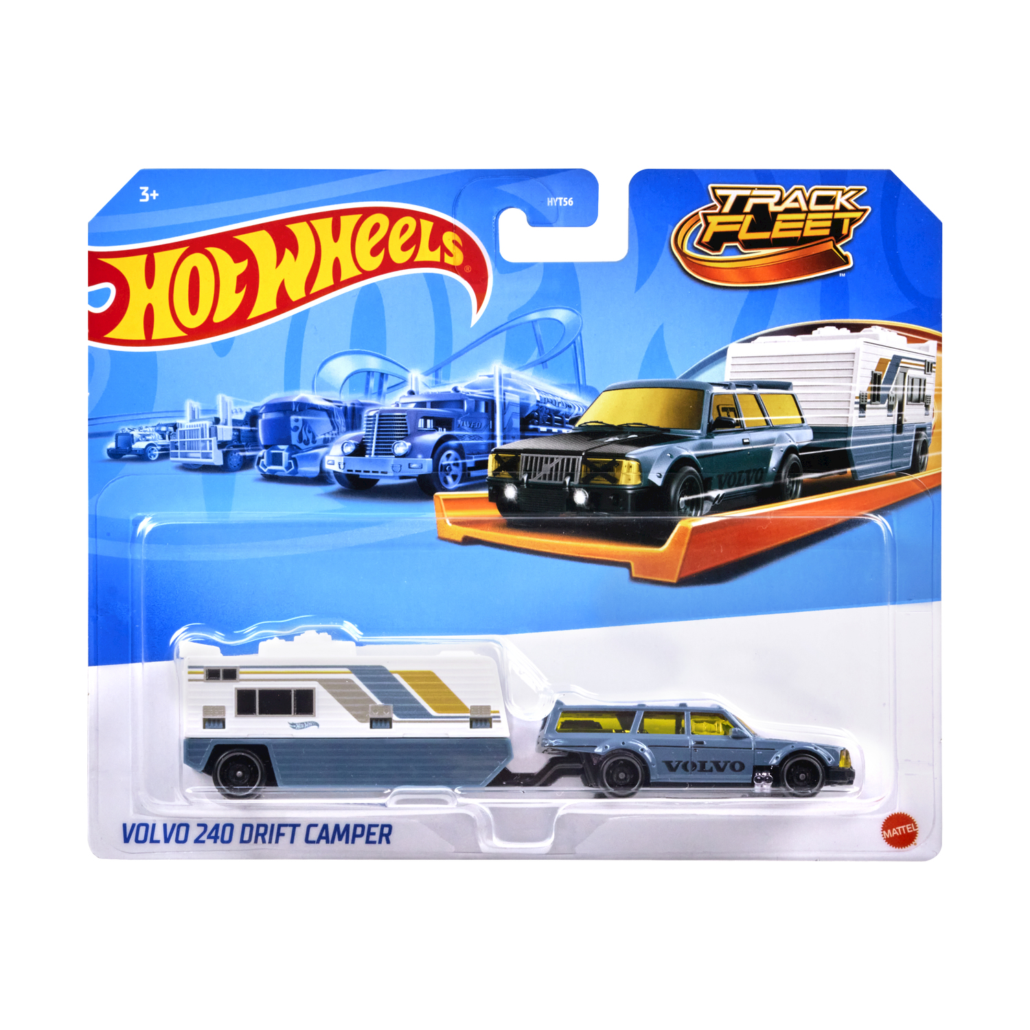 Un set di auto e rimorchio giocattolo Hot Wheels. La scatola è blu con l'auto e il rimorchio in mostra.