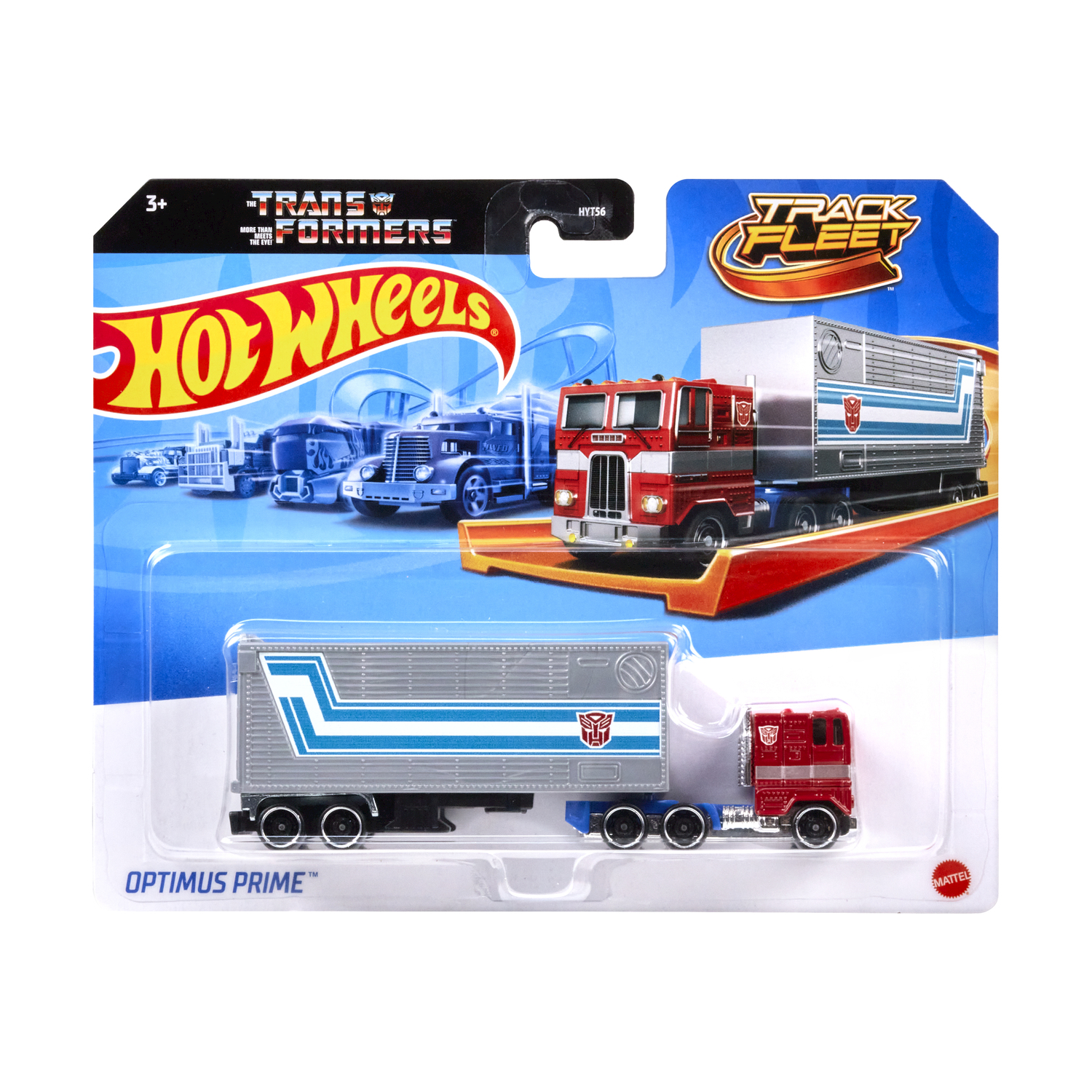 Giocattolo Hot Wheels Optimus Prime in blister. Camion rosso, rimorchio grigio.