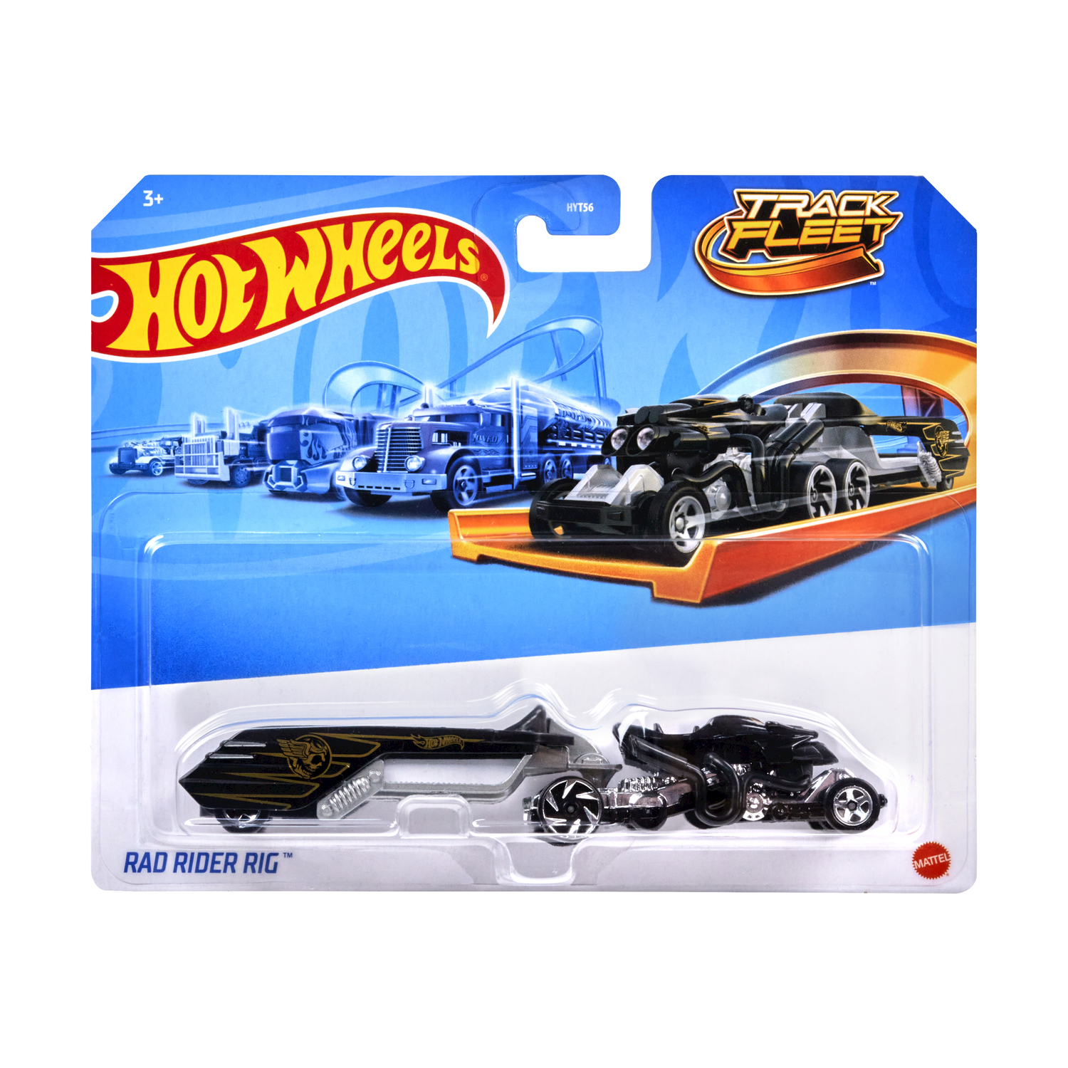 Macchina giocattolo Hot Wheels Rad Rider Rig sulla confezione, schema di colori nero e argento.