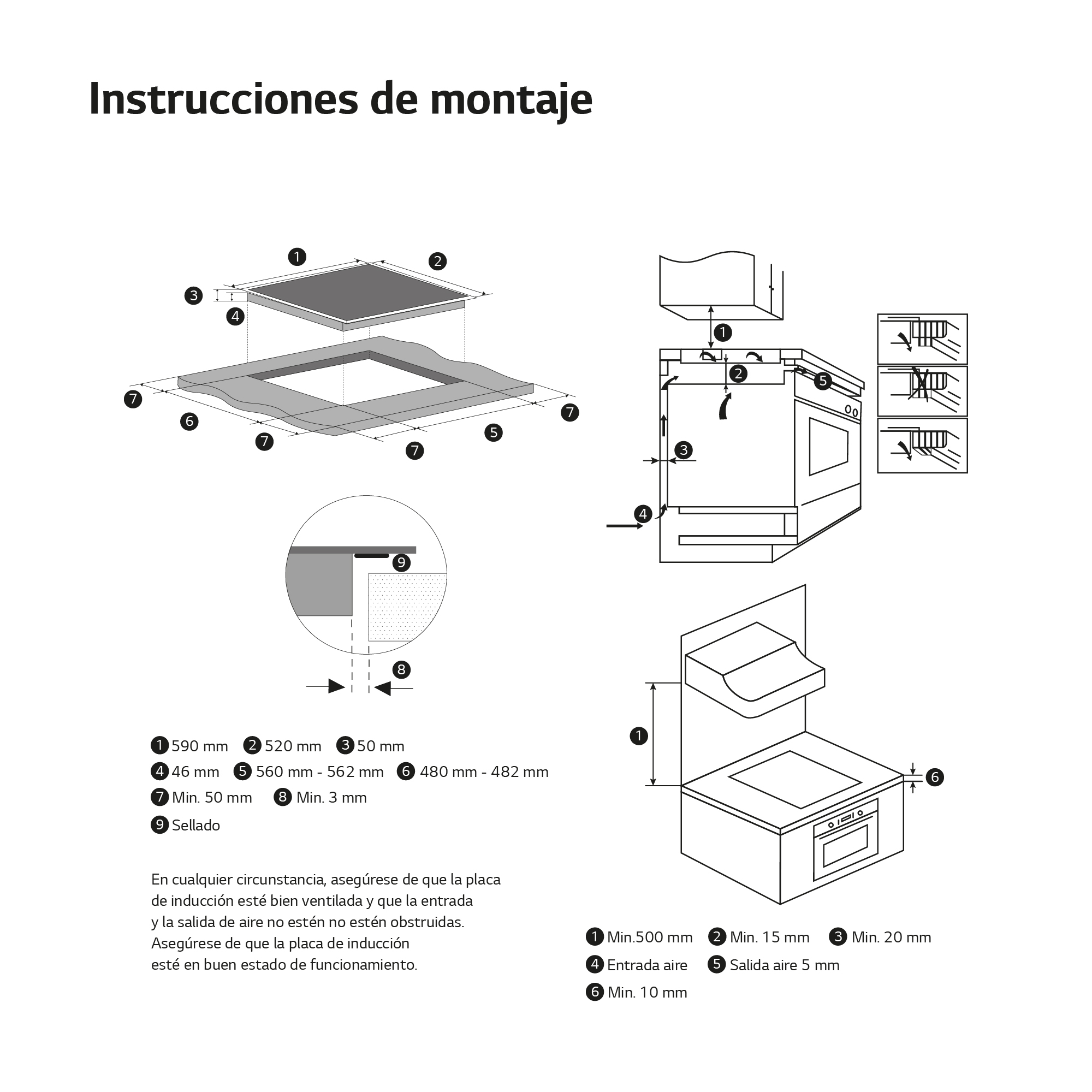 Instrucciones para una encimera, con diagramas y medidas.
