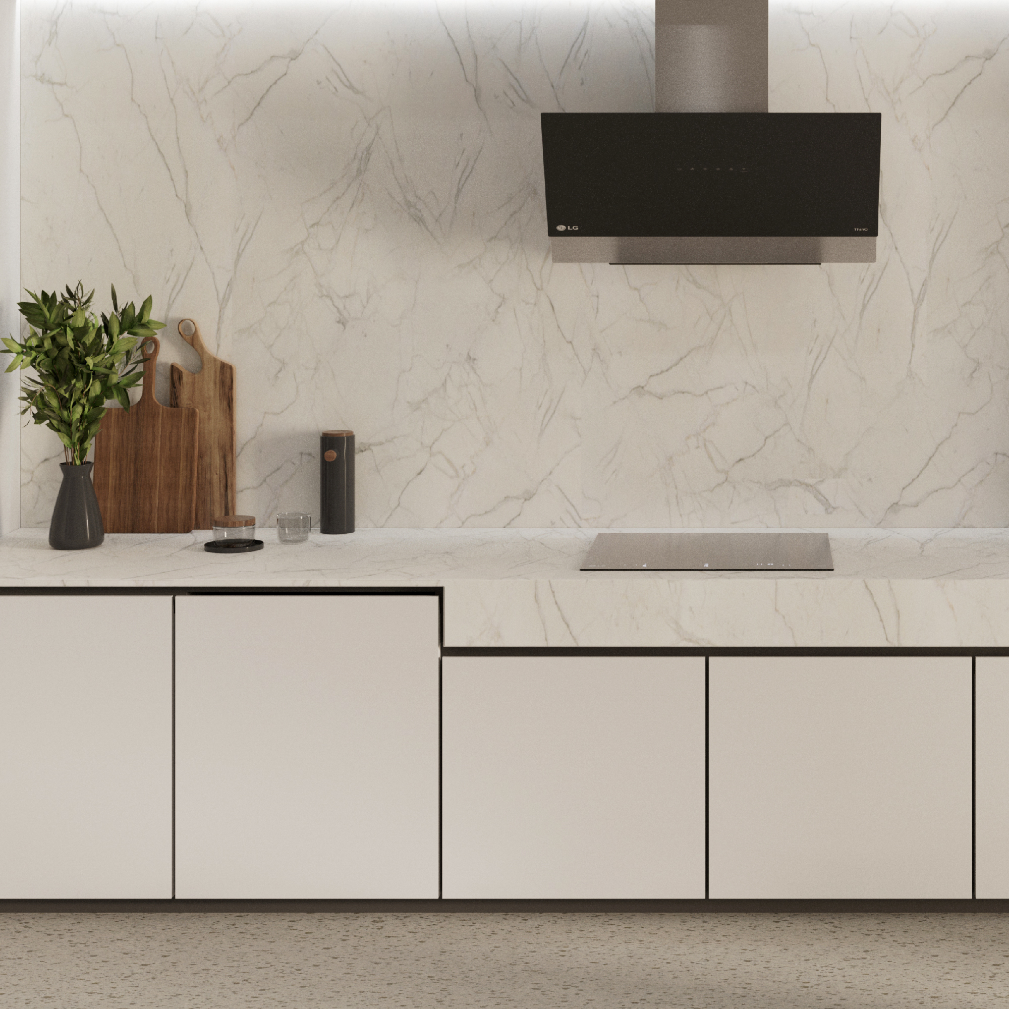 Cocina moderna con armarios blancos, salpicadero de mármol y electrodomésticos empotrados.
