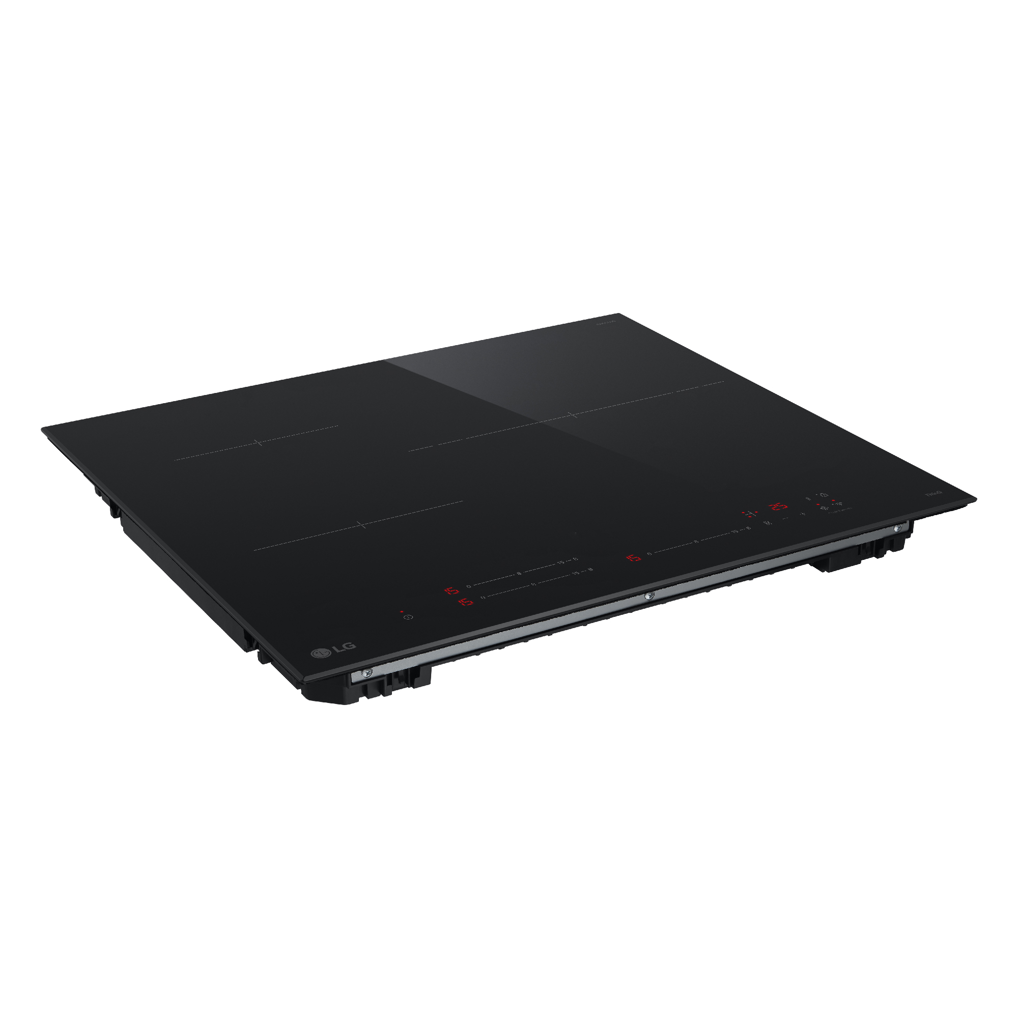 Placa de inducción negra con cuatro quemadores y luces de visualización rojas.