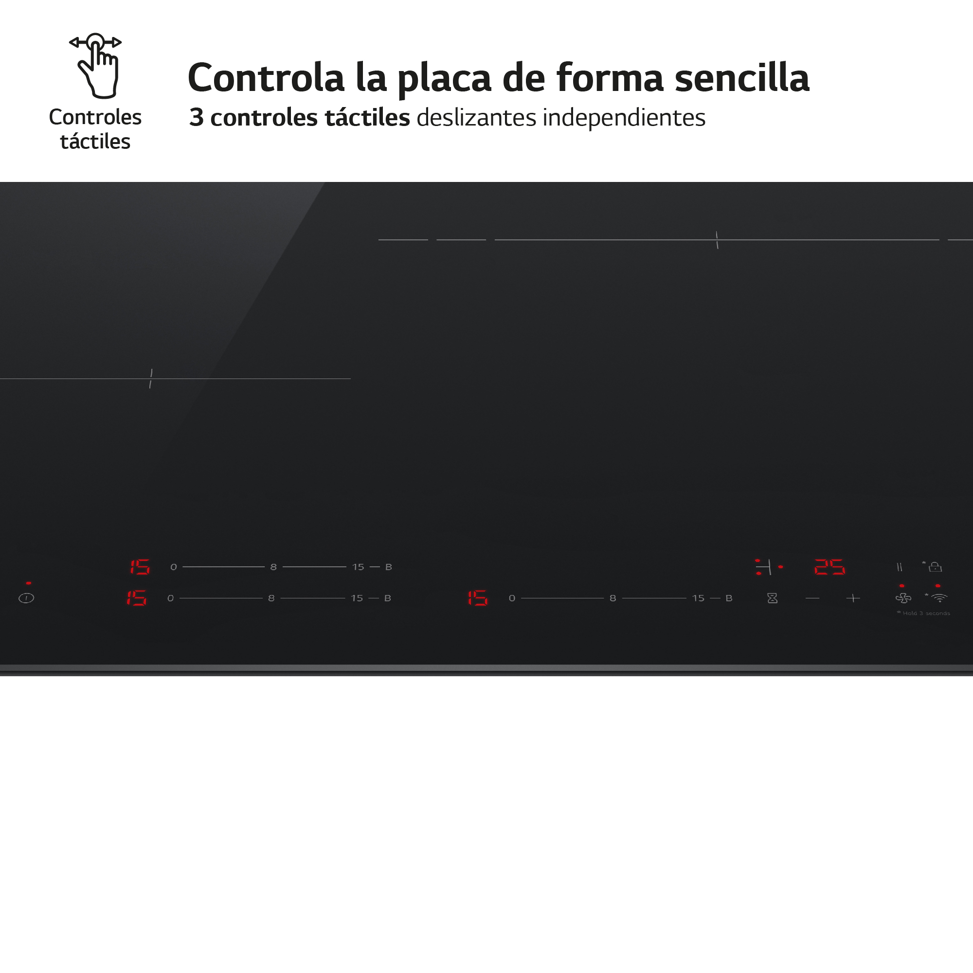 Placa de inducción negra con tres controles táctiles y pantalla roja.