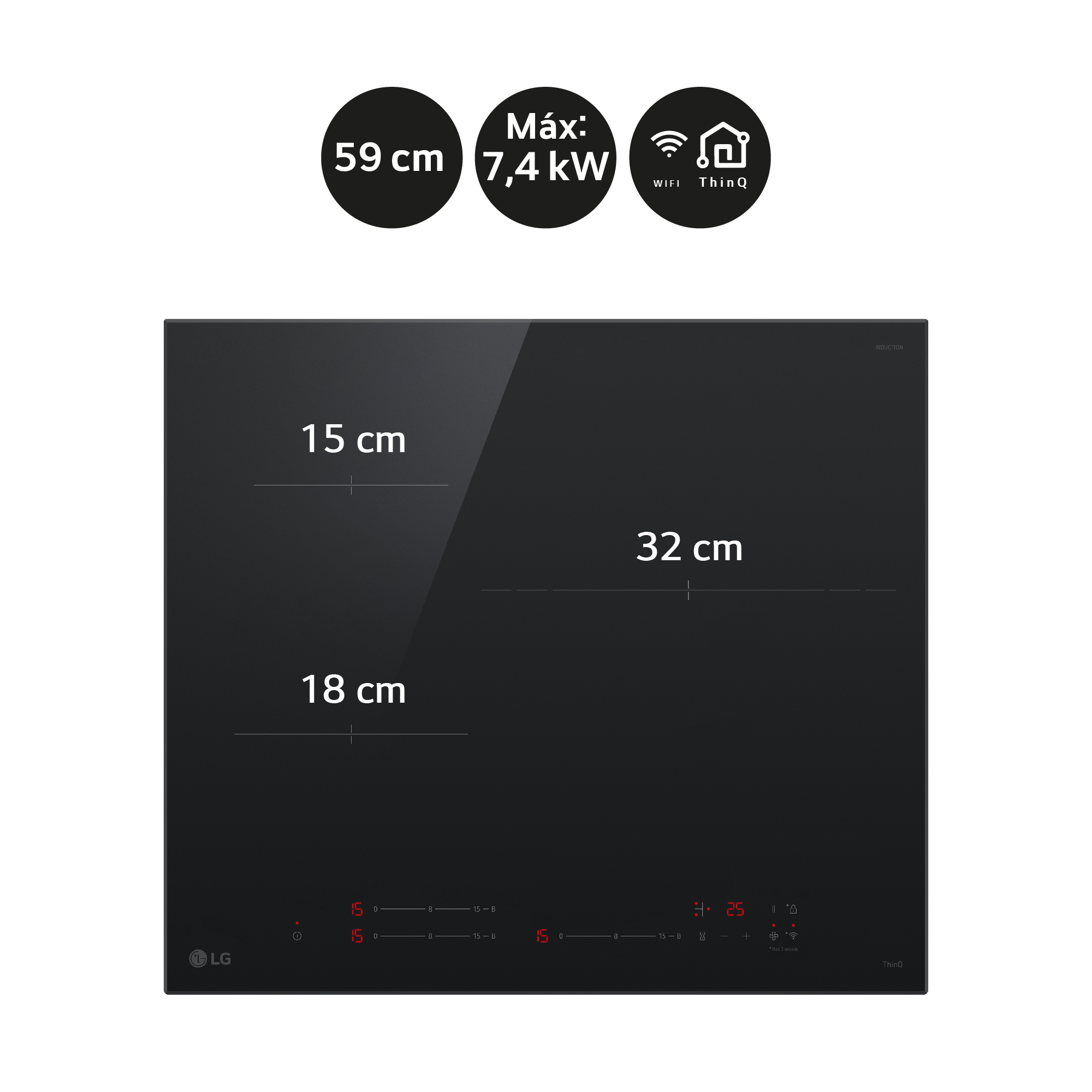 Placa de inducción negra con tres zonas de cocción y panel de control con pantalla digital e iconos.