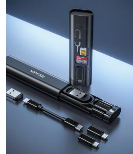 Fekete multitool adapterekkel és USB kábellel, világos felületen.