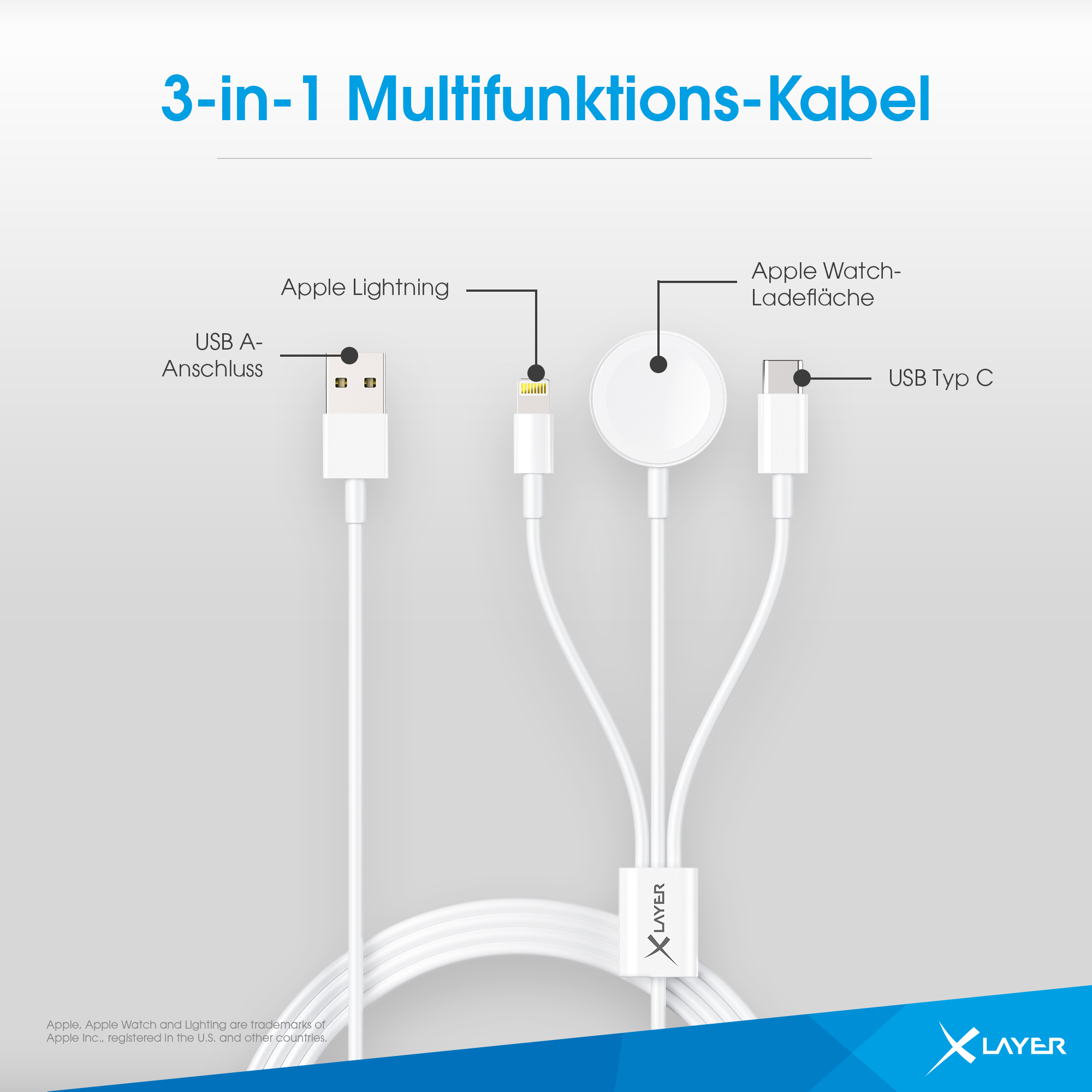 Fehér 3 az 1-ben kábel Apple Lightning, Watch és USB-C csatlakozókkal, kék háttéren.