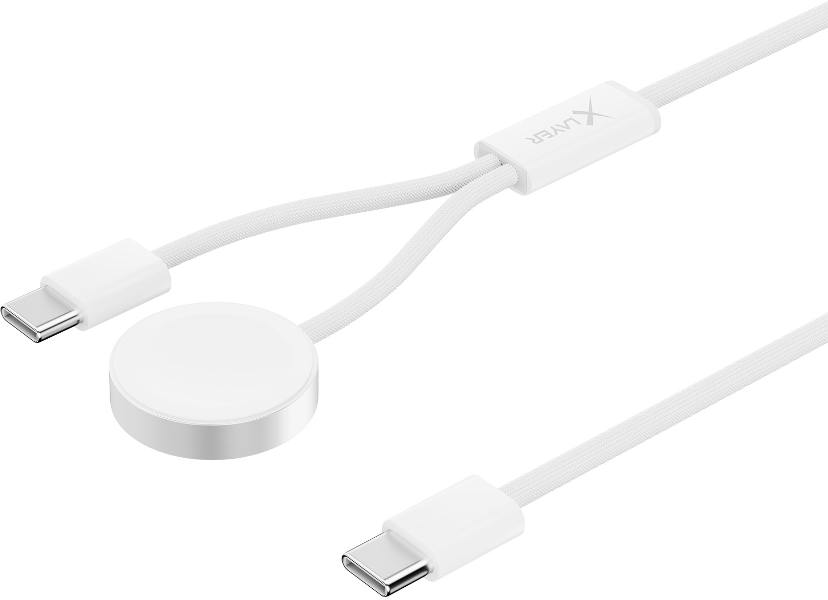 Fehér USB-C kábel két csatlakozóval és egy kerek töltőpaddal.