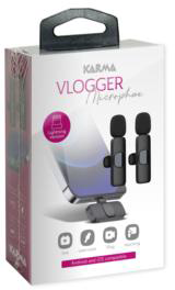 Egy fehér doboz Karma Vlogger mikrofonkészlettel és okostelefon képpel.