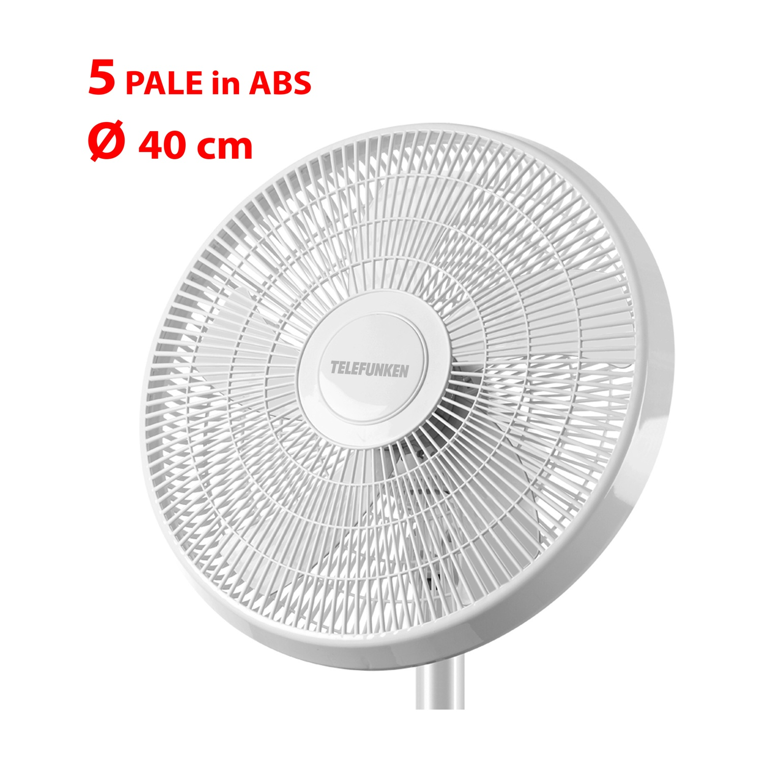 Ventilatore Telefunken bianco con griglia protettiva. Testo: '5 PALE in ABS Ø 40 cm'.