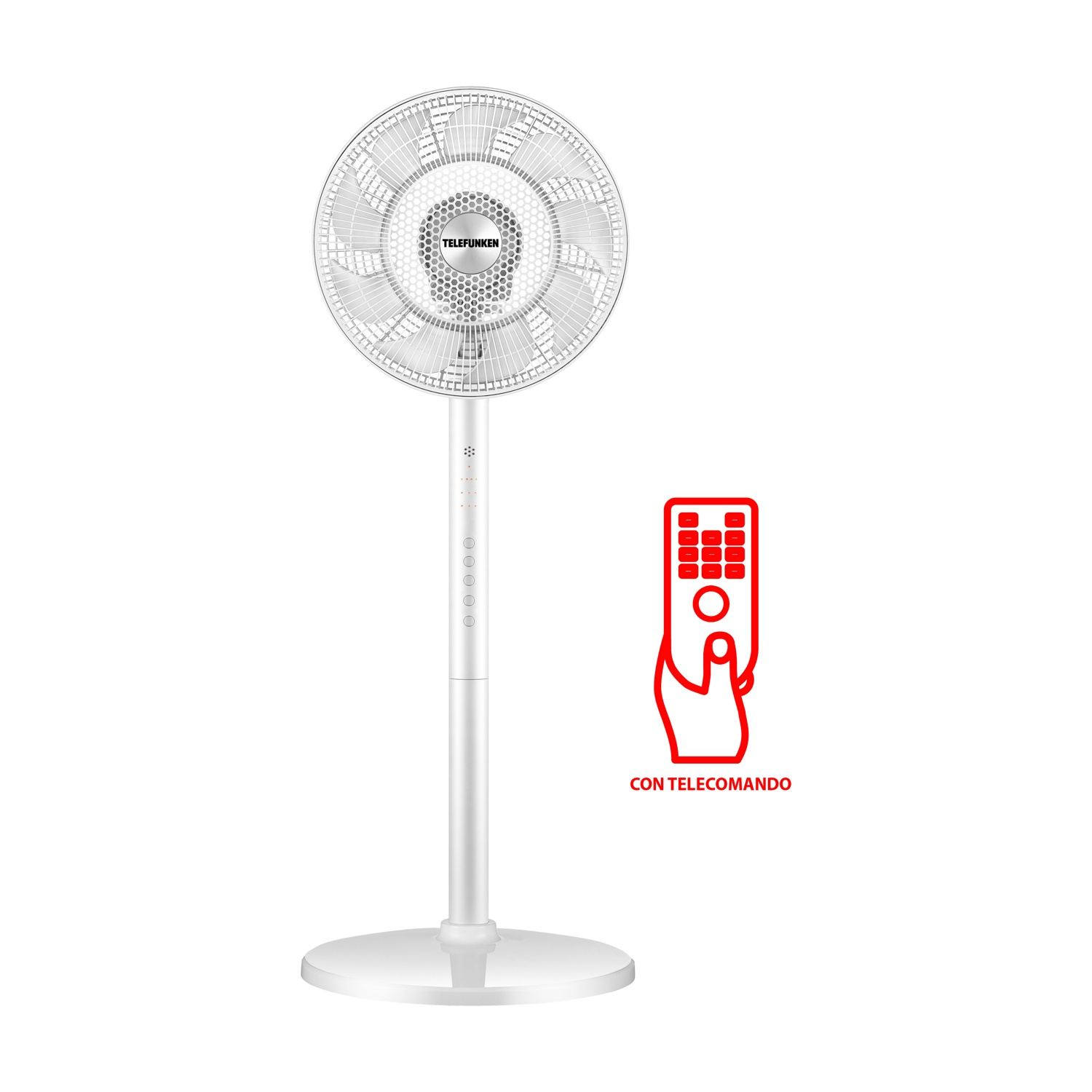 Un ventilatore a piantana bianco con telecomando. Ha una testa a ventaglio circolare e un supporto alto.
