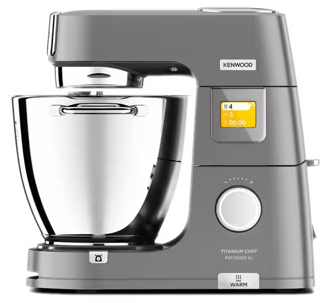 Urządzenie kuchenne Kenwood, szare, z wyświetlaczem cyfrowym i srebrną misą.