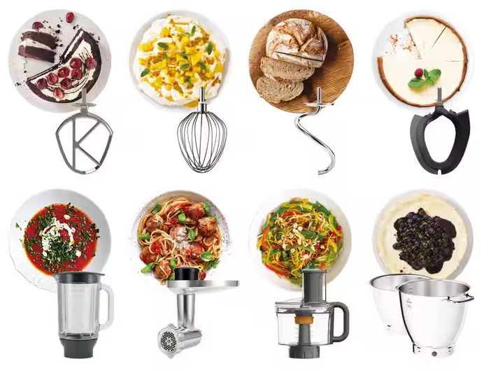 Asortyment żywności z narzędziami kuchennymi: ciasto, bita śmietana, chleb, sernik, zupa pomidorowa, makaron, sałatka i ciasto.