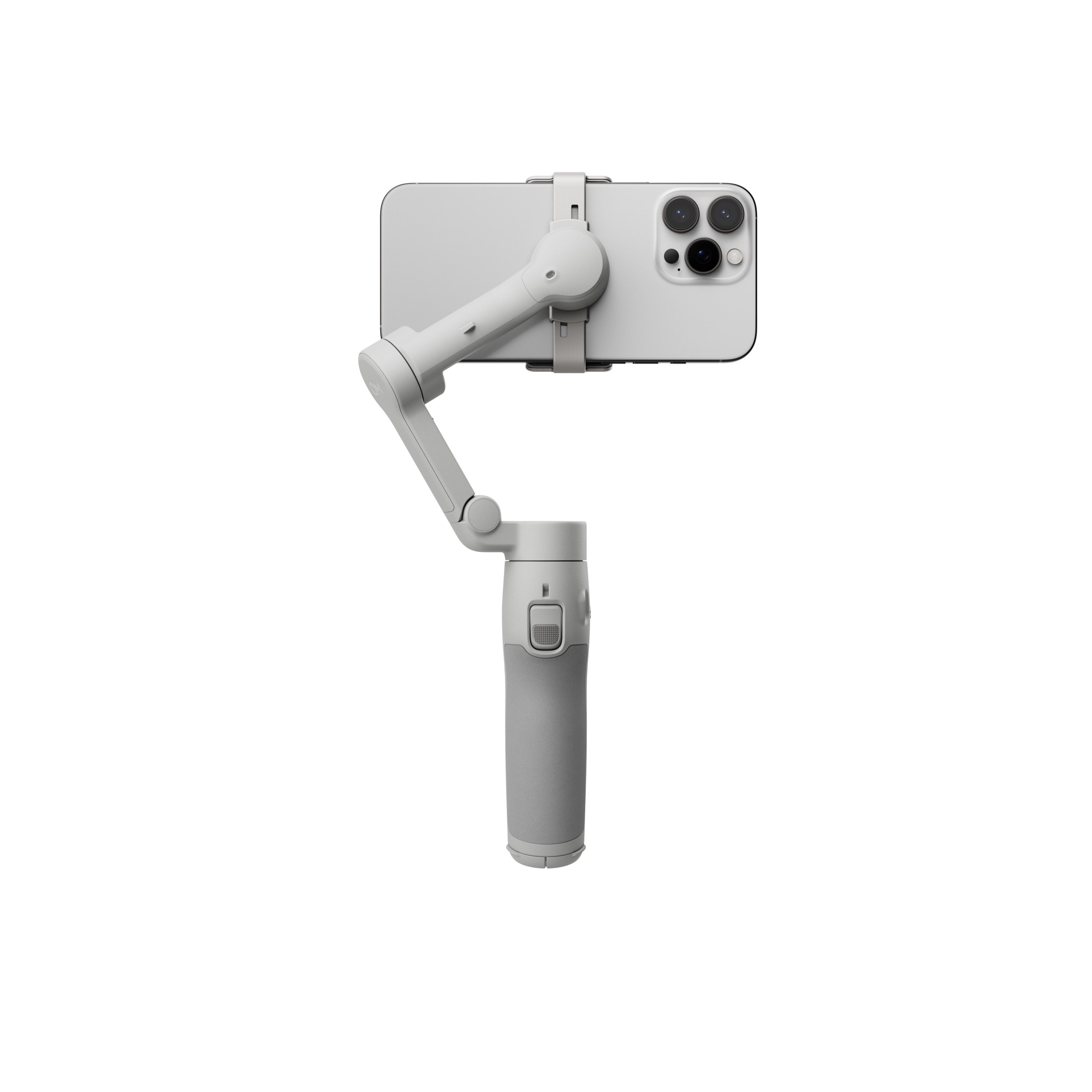 Beyaz bir yüzeyde gri bir akıllı telefon ve beyaz bir gimbal.