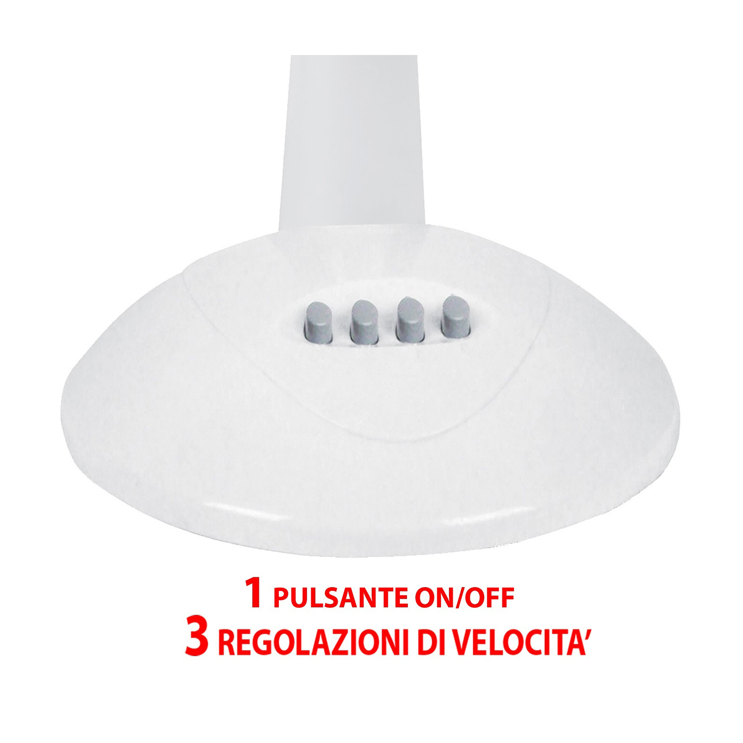 Una cappa da cucina bianca con quattro pulsanti grigi e testo in italiano.