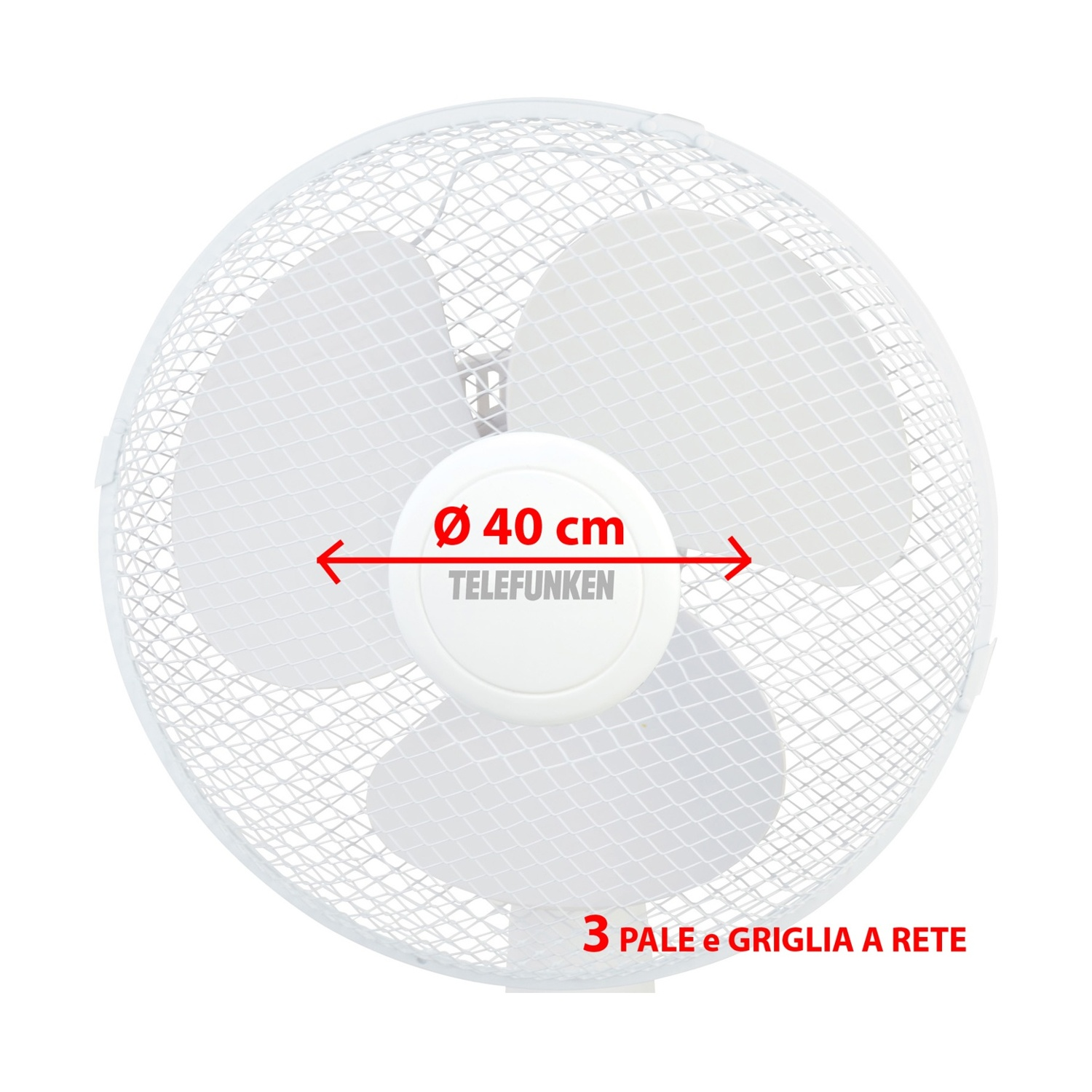 Ventilatore Telefunken bianco, rotondo, con diametro di 40 cm.