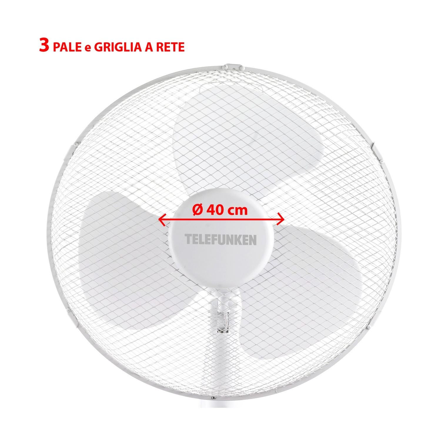 Ventilatore bianco con rete e testo: 3 pale, 40 cm.