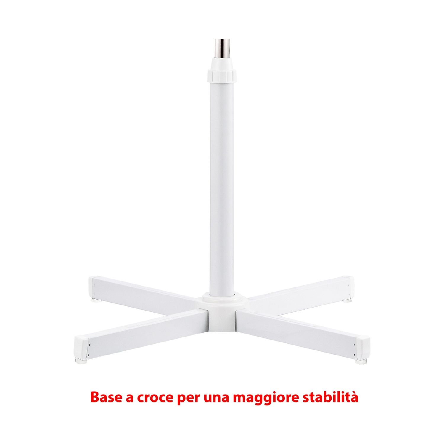 Base bianca a forma di croce. Quattro gambe si estendono, sostenendo un palo centrale.