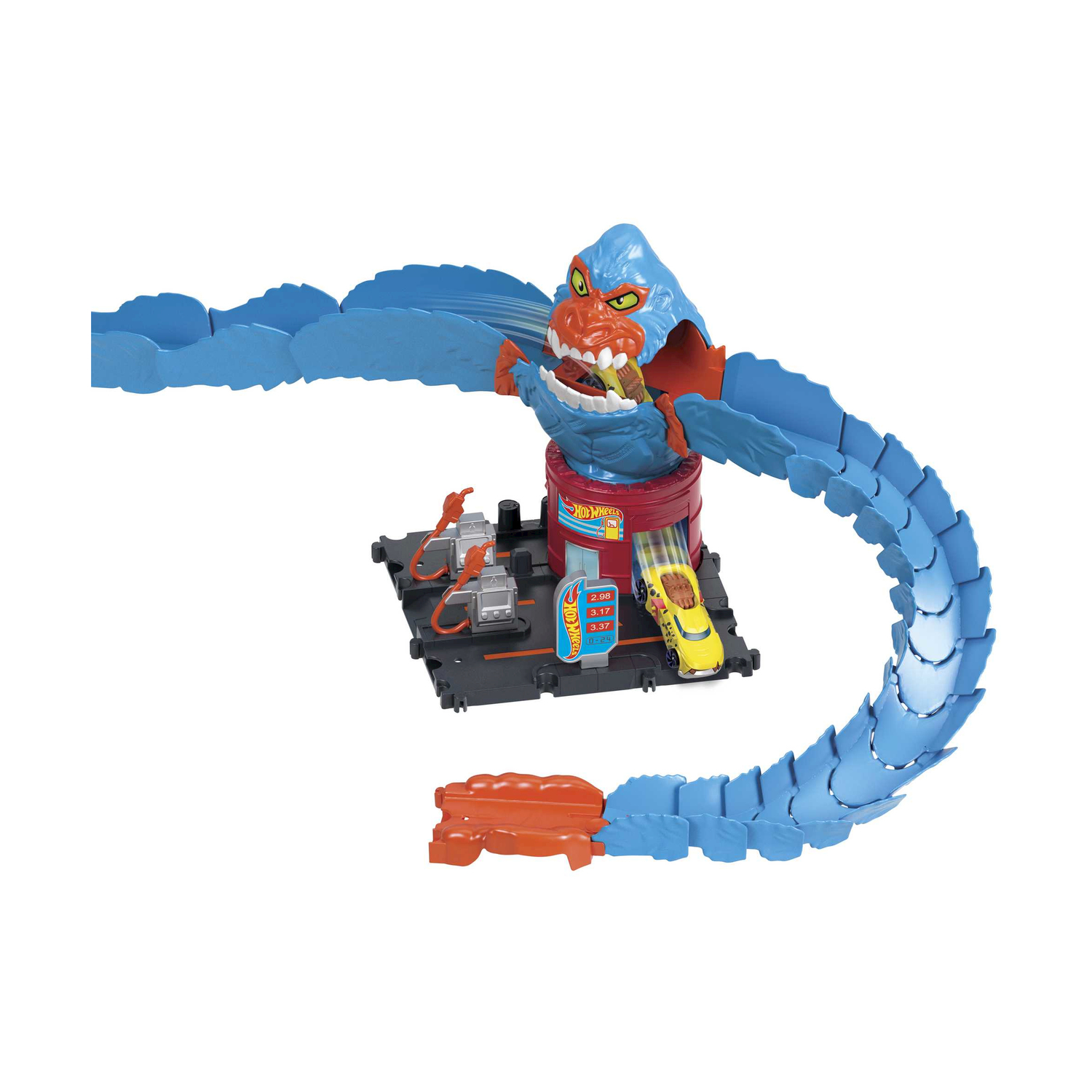 Set pista Hot Wheels con mostro blu e auto gialla. La pista è curva.