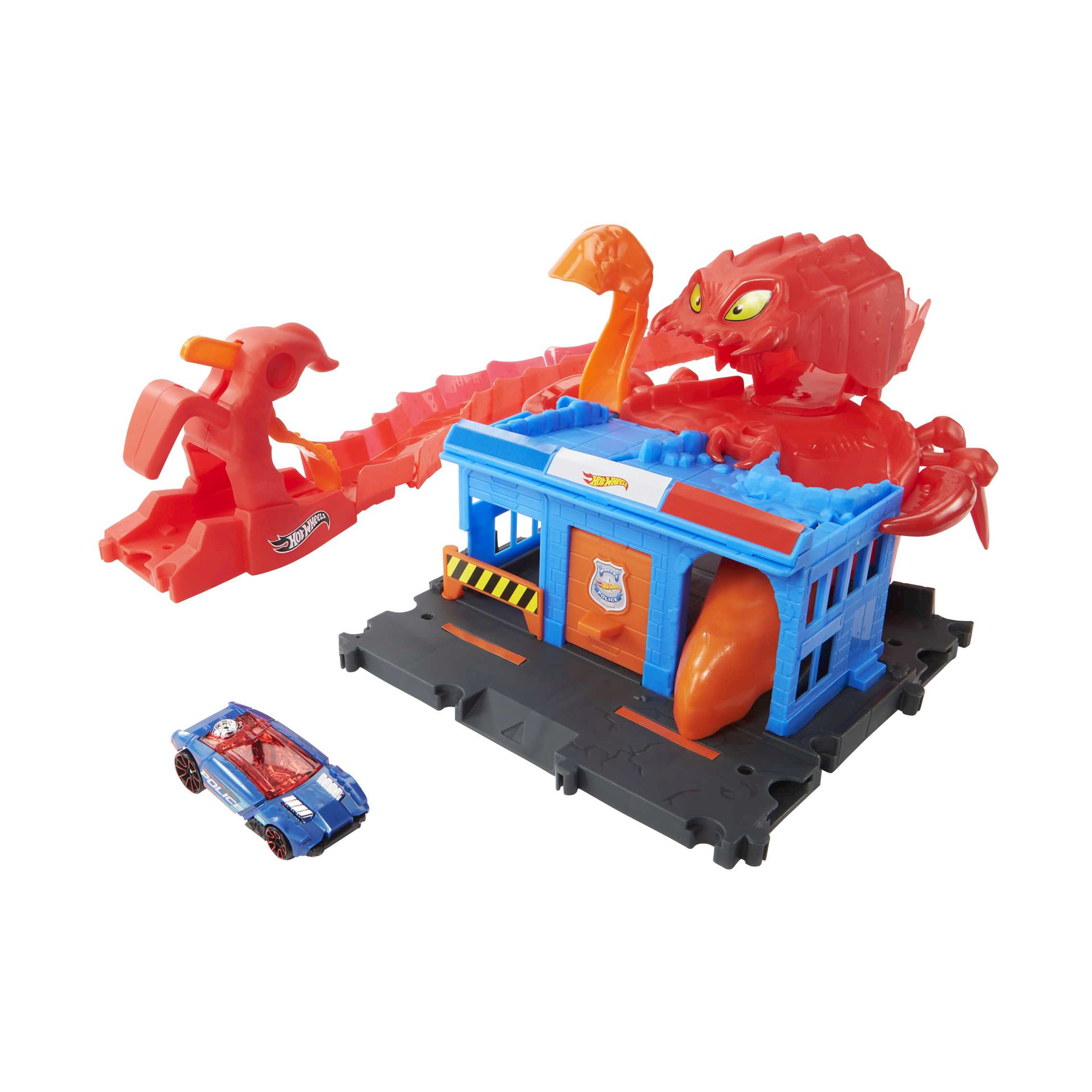 Set di gioco Hot Wheels. Mostro rosso con stazione di polizia blu e un'auto blu.