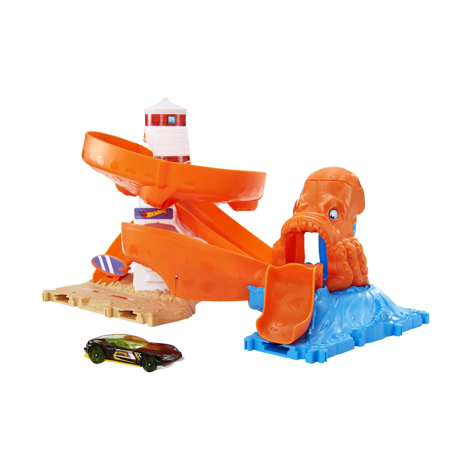 Playset Hot Wheels con pista arancione, faro e un polpo. È presente un'auto verde.
