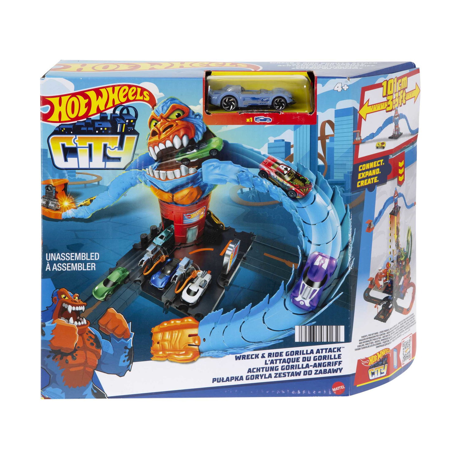 Playset Hot Wheels con un ostacolo a forma di gorilla. Sono visibili auto e pista.