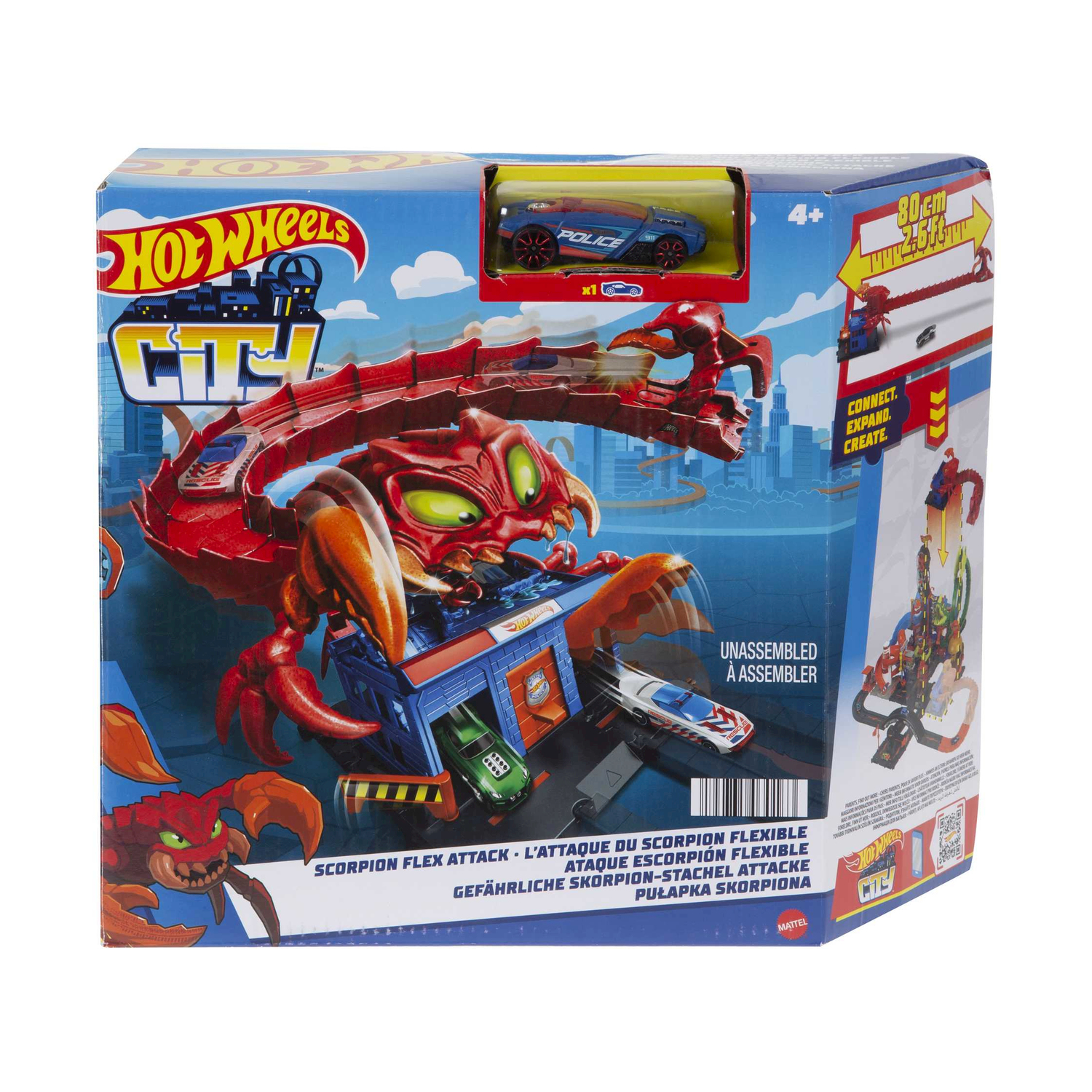 Scatola di giocattoli Hot Wheels City. Presenta un set di piste a tema scorpione con auto.