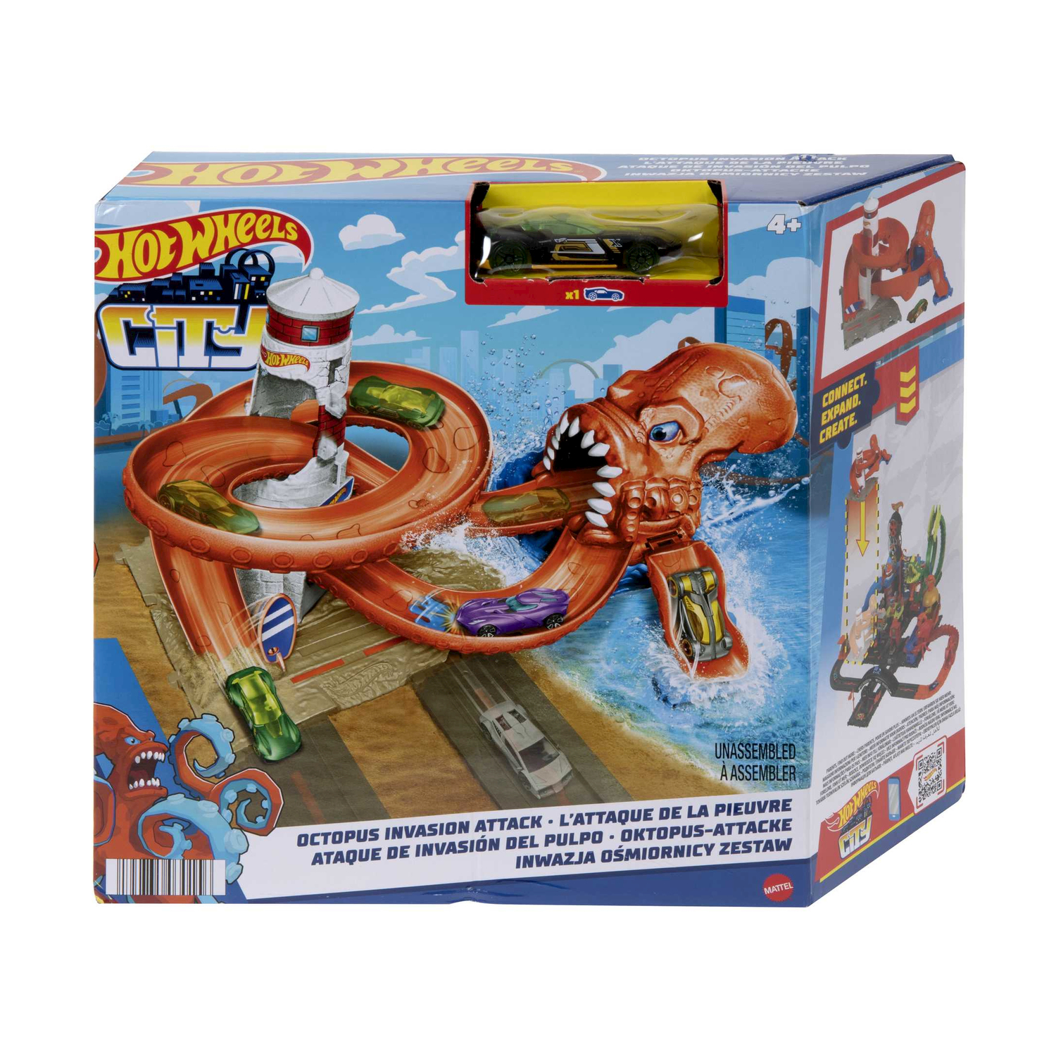 Scatola del playset Hot Wheels City con pista e polpo. Include auto giocattolo e dettagli.