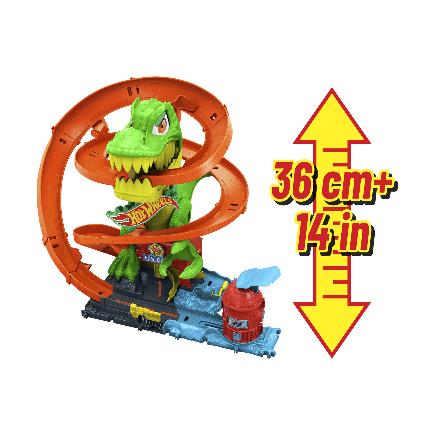 Set pista dinosauro Hot Wheels con pista arancione, dinosauro verde e base blu. Freccia gialla indica l'altezza.
