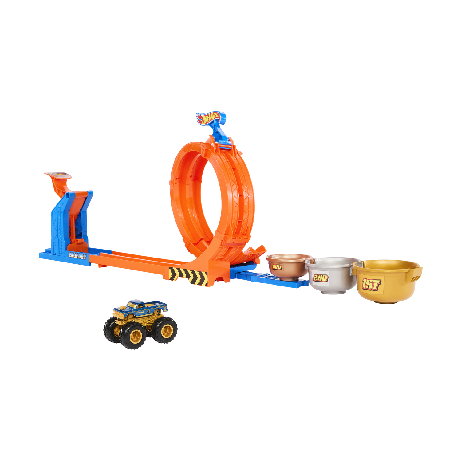 Pista Hot Wheels con loop, lanciatore blu e monster truck.