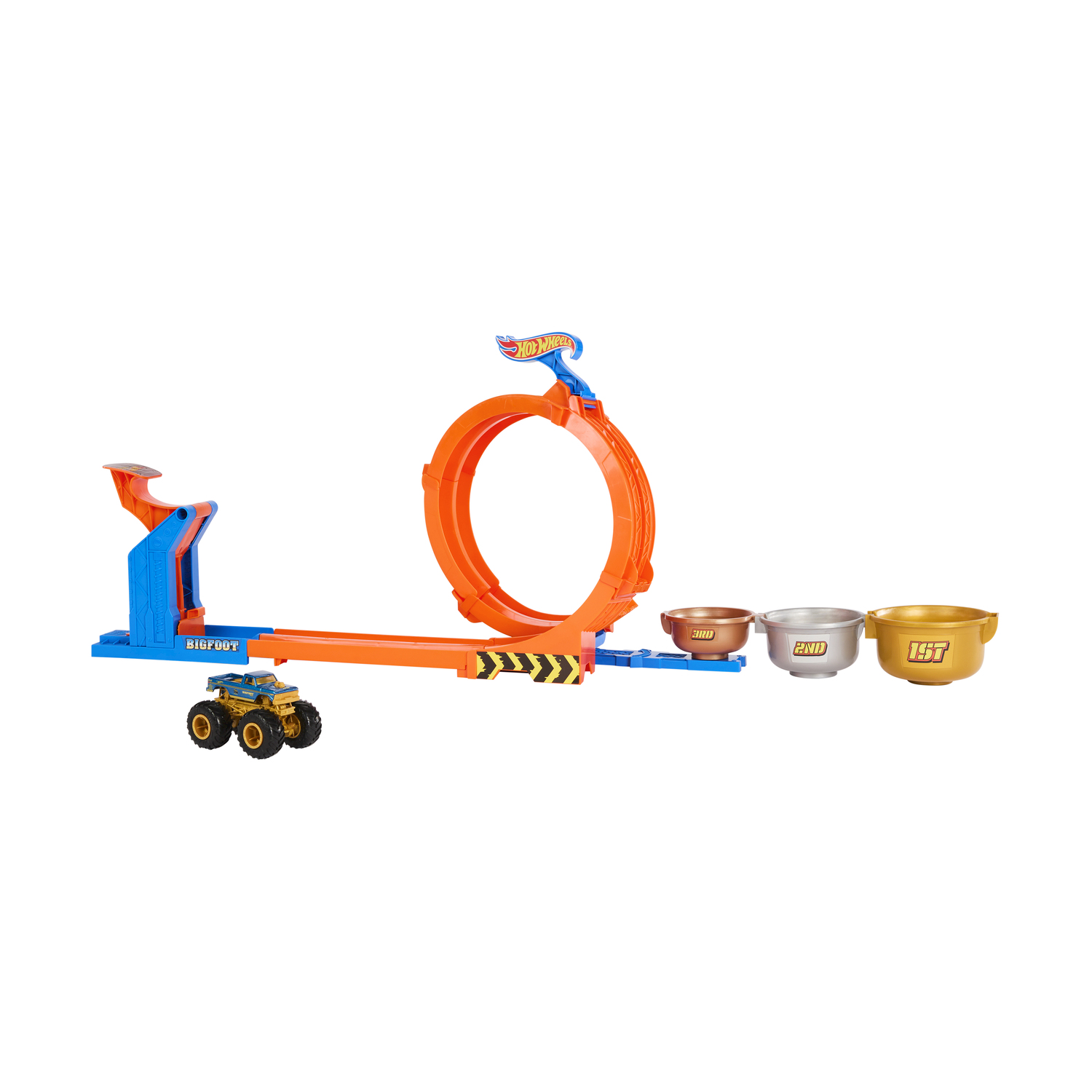 Un set di piste Hot Wheels con un loop e una pista da corsa con un monster truck.