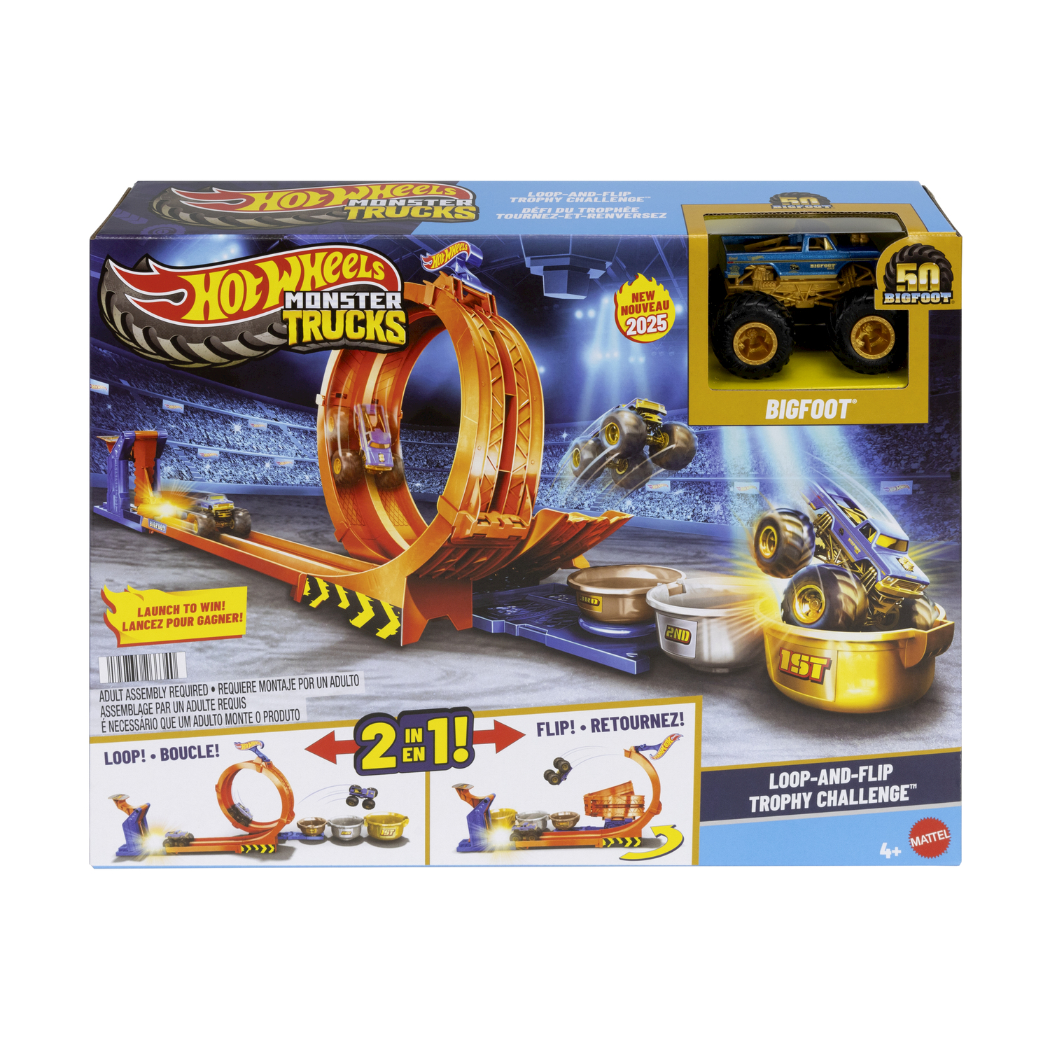 Un playset Hot Wheels Monster Trucks. Include un camion Bigfoot blu, una pista e una scatola con testo.