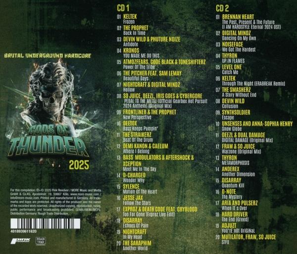 Albumcover für Gods of Thunder 2025, mit einem Totenkopf, Trackliste und verschiedenen Textdetails.