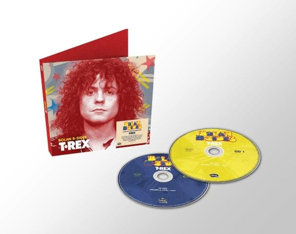 Albumcover mit T-Rex. Ein Mann mit lockigem roten Haar ist auf dem Cover. Zwei CDs sind sichtbar.