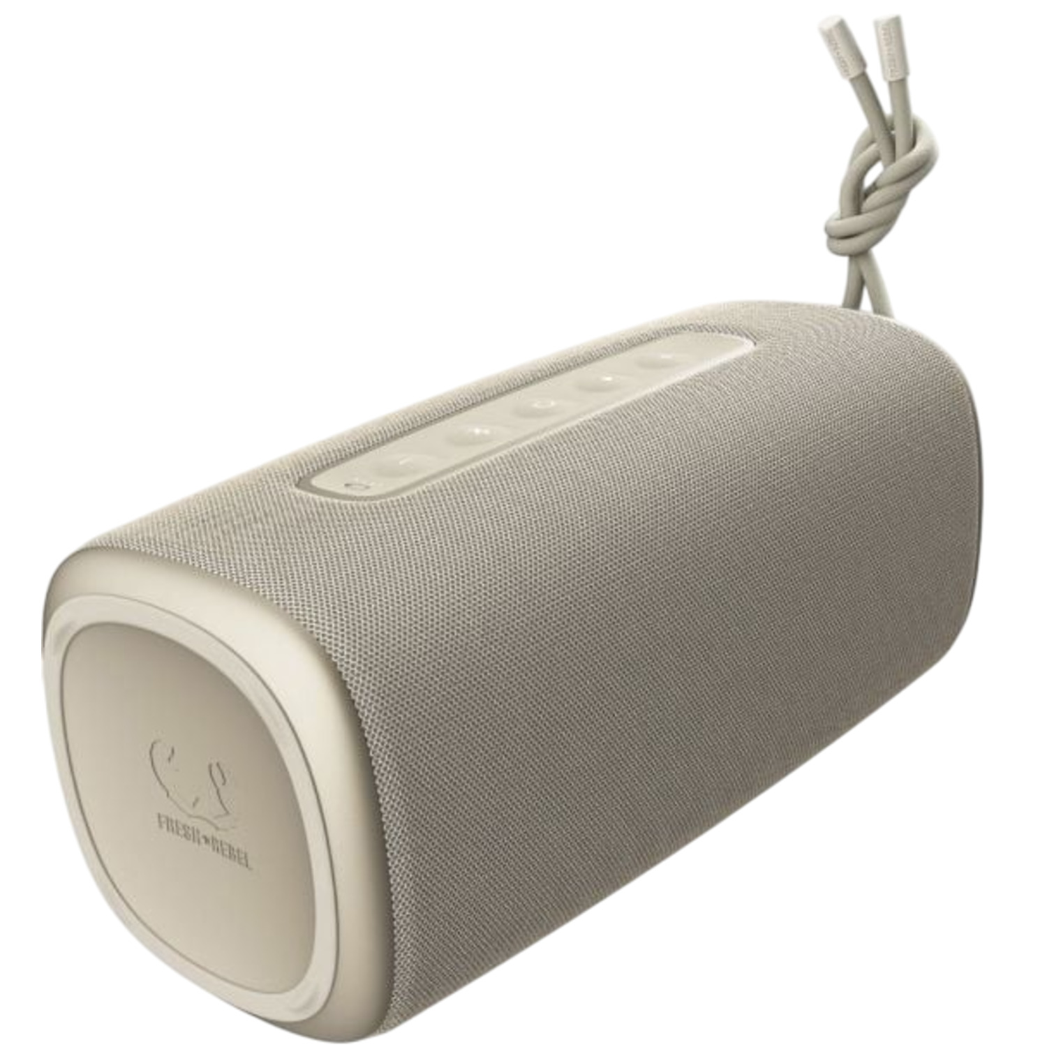 Een beige rechthoekige luidspreker met knoppen bovenop en een touw om te dragen. De luidspreker staat iets schuin.