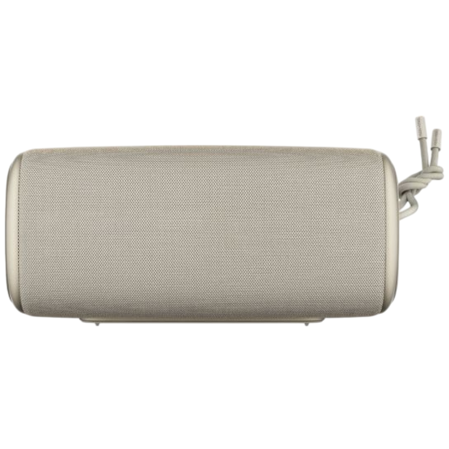 Een beige cilindrische luidspreker met een touw op een witte achtergrond.