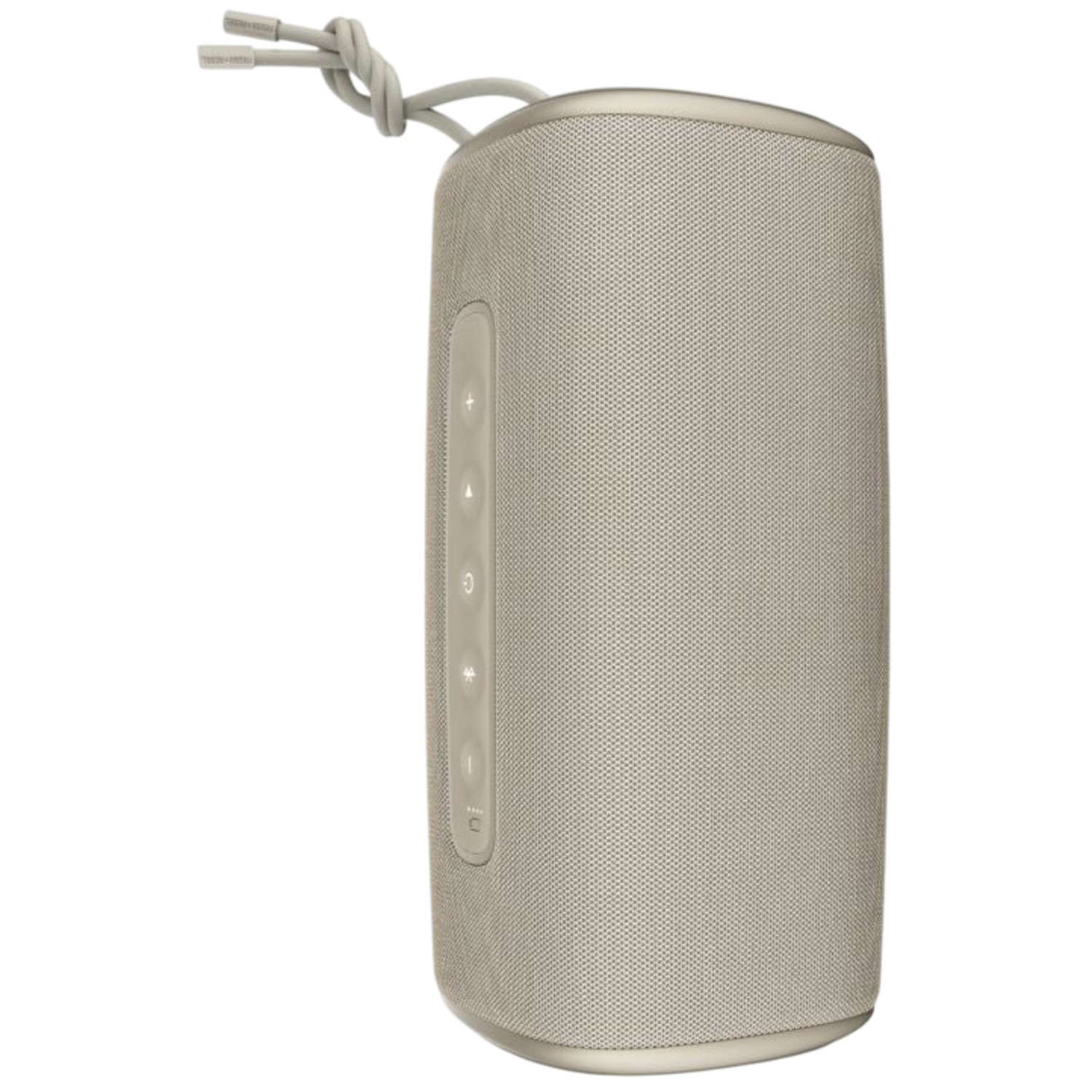 Een bruin luidspreker met volumeknoppen en een witte touwhandgreep, witte achtergrond.