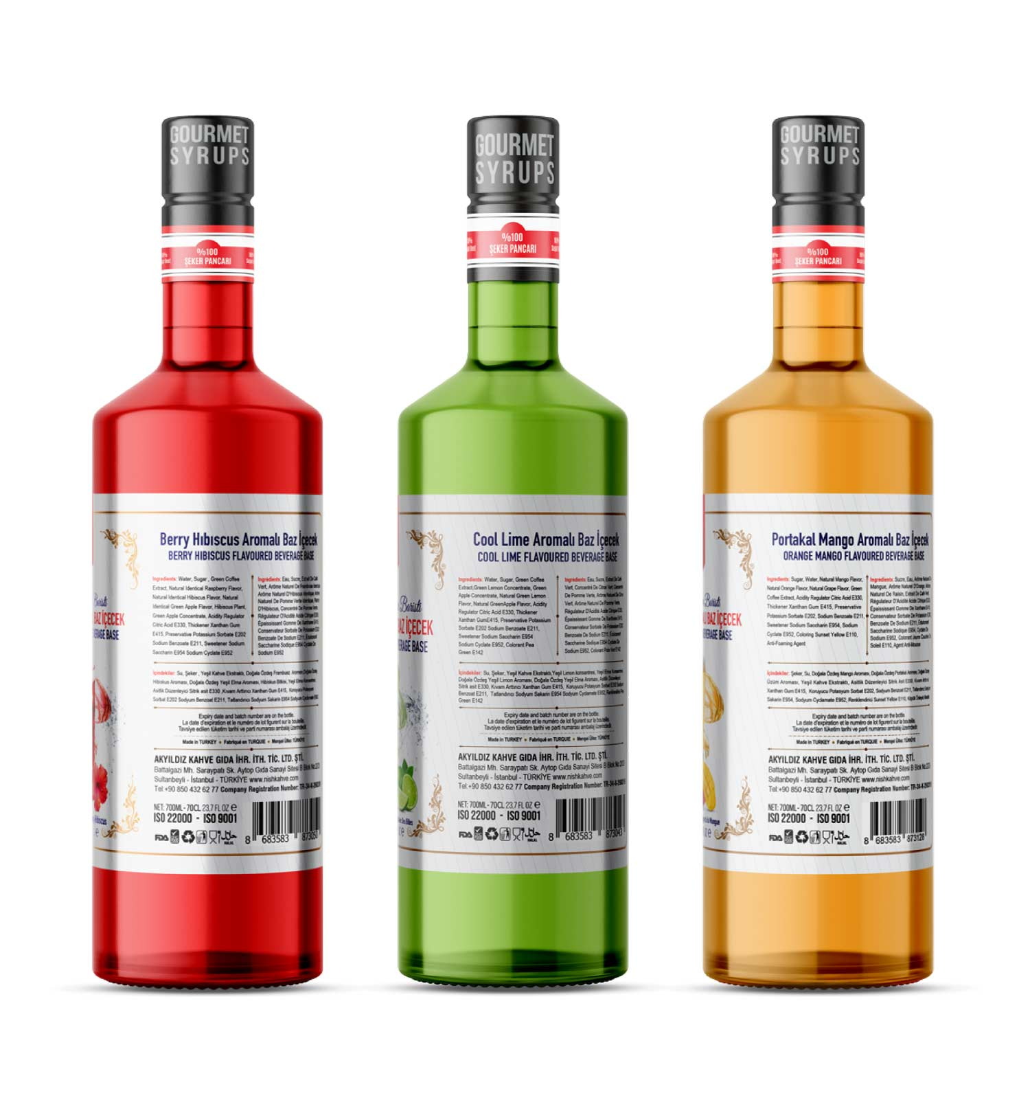 'Berry Hibiscus', 'Cool Lime' ve 'Portakal Mango' etiketli üç şişe aromalı şurup.