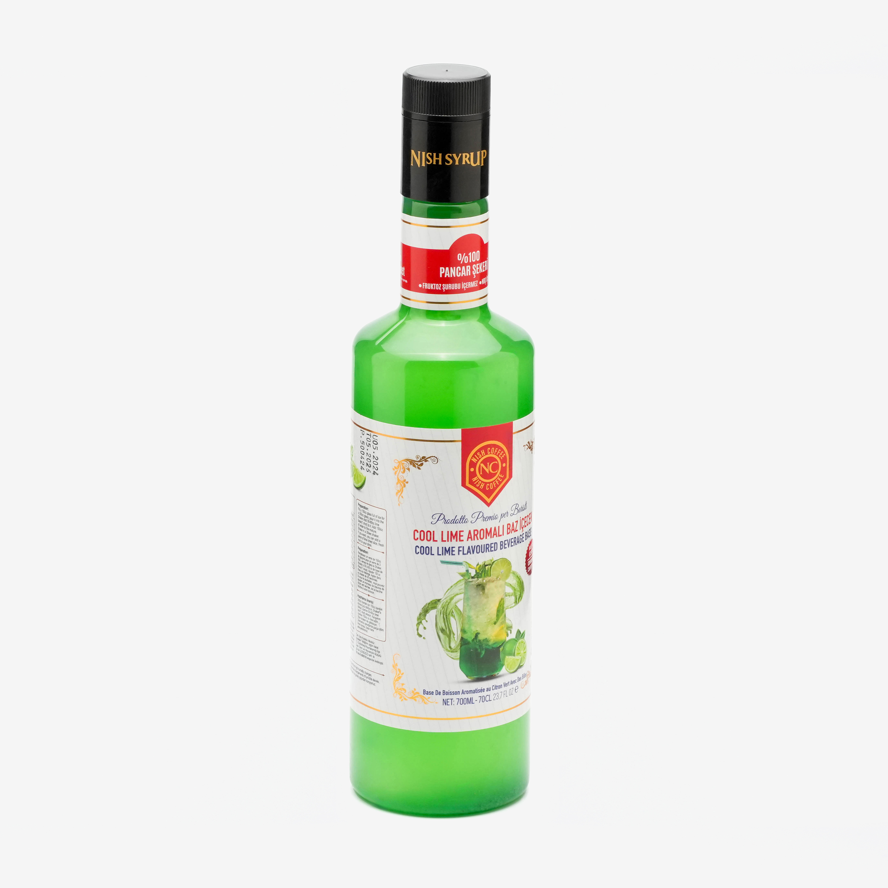 Serin misket limonu aromalı şurubun yeşil şişesi.