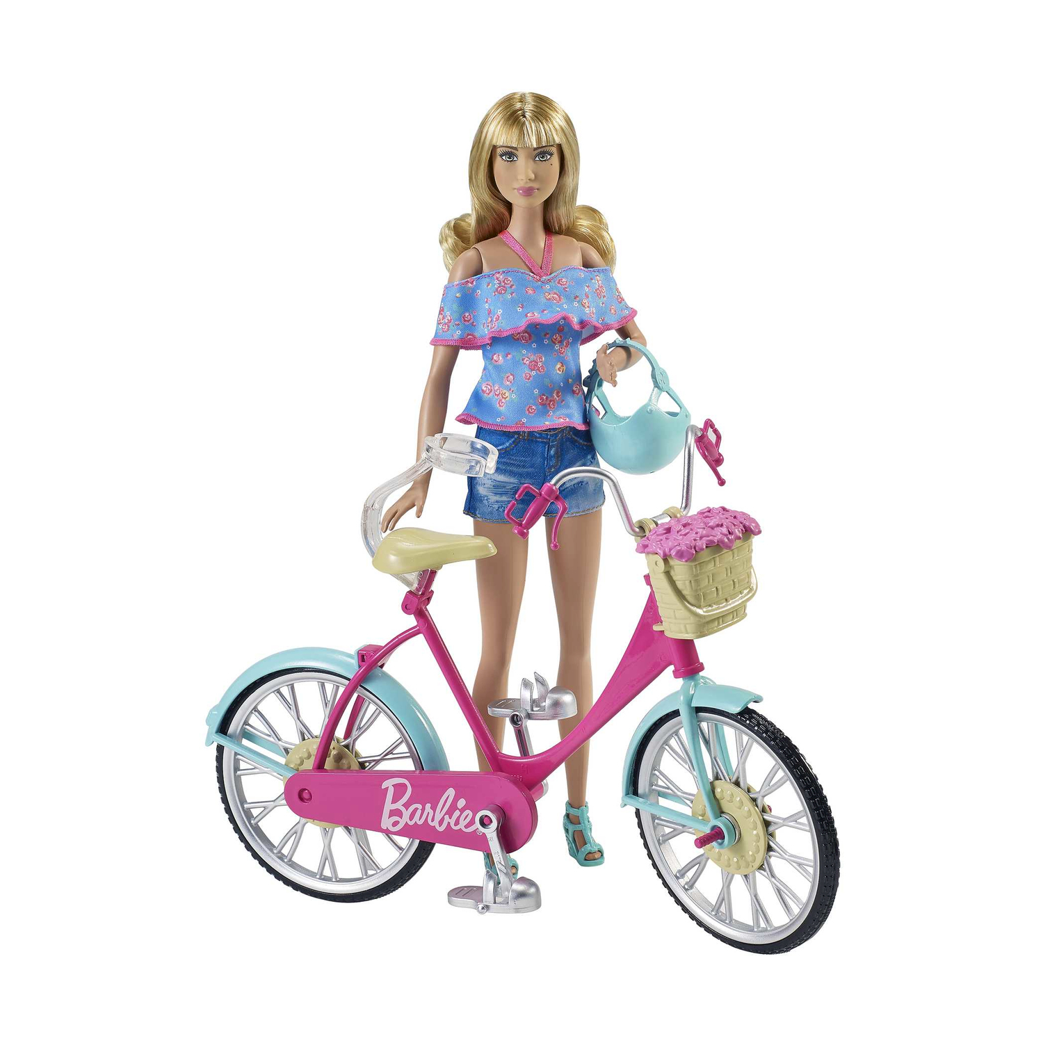 Una bambola Barbie con una bicicletta, in piedi su uno sfondo bianco.