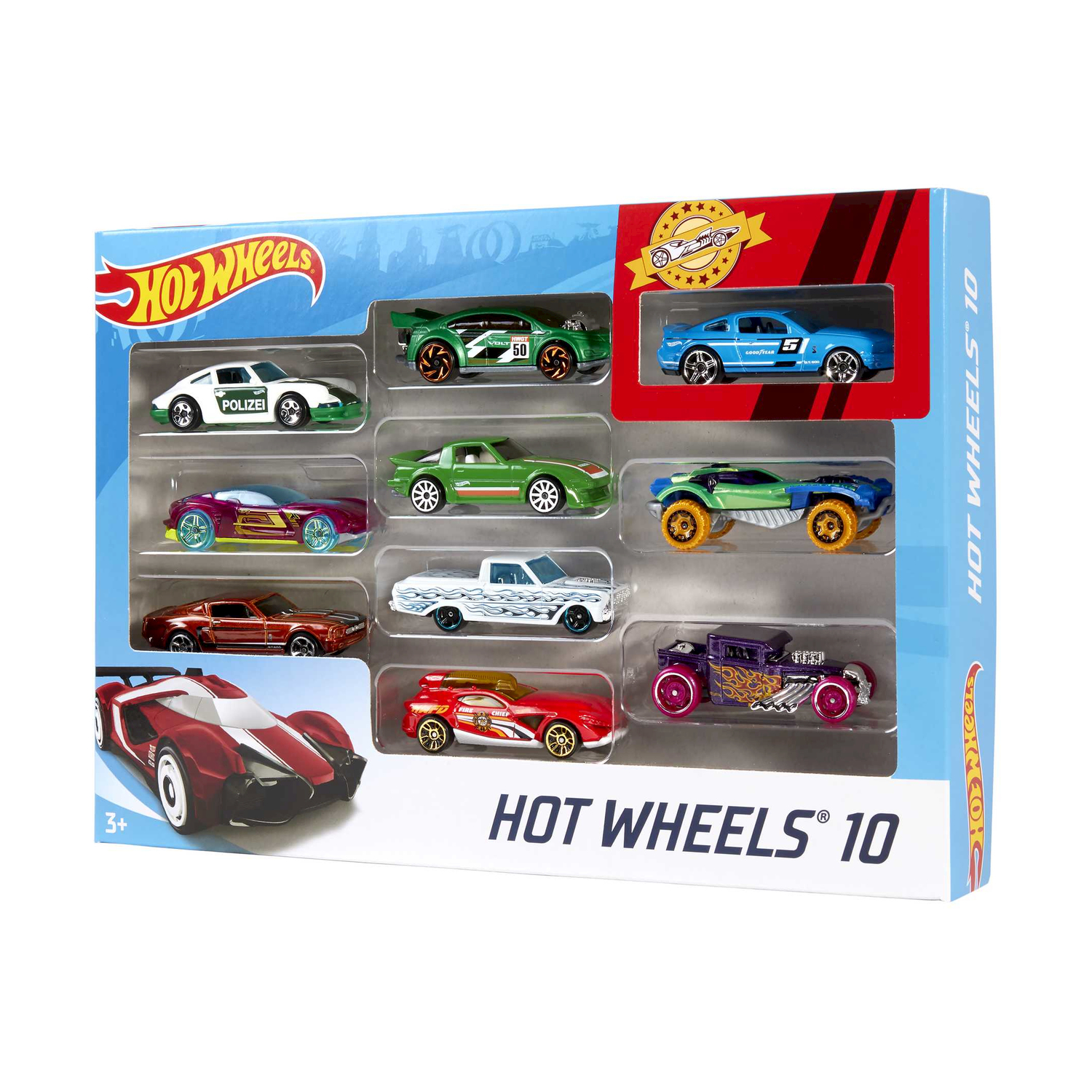 Scatola di macchinine Hot Wheels. Nove auto in una scatola blu e rossa.