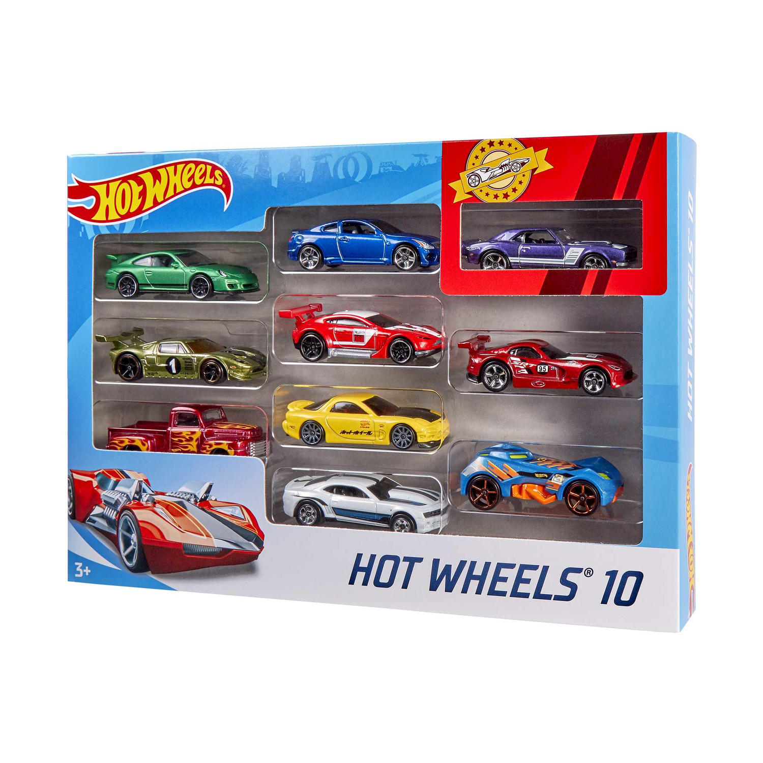 Scatola da 10 Hot Wheels con varie macchinine all'interno. La scatola è blu e bianca.