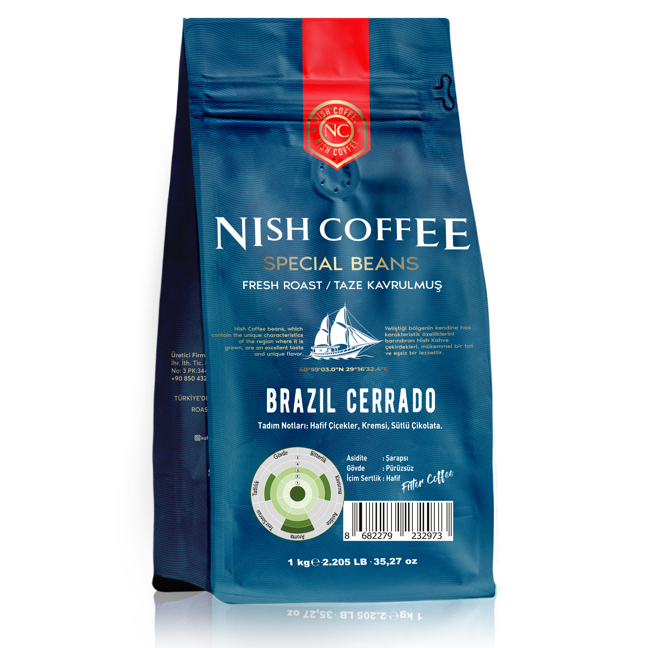 'Nish Coffee Brazil Cerrado Special Beans' yazılı mavi kahve poşeti.