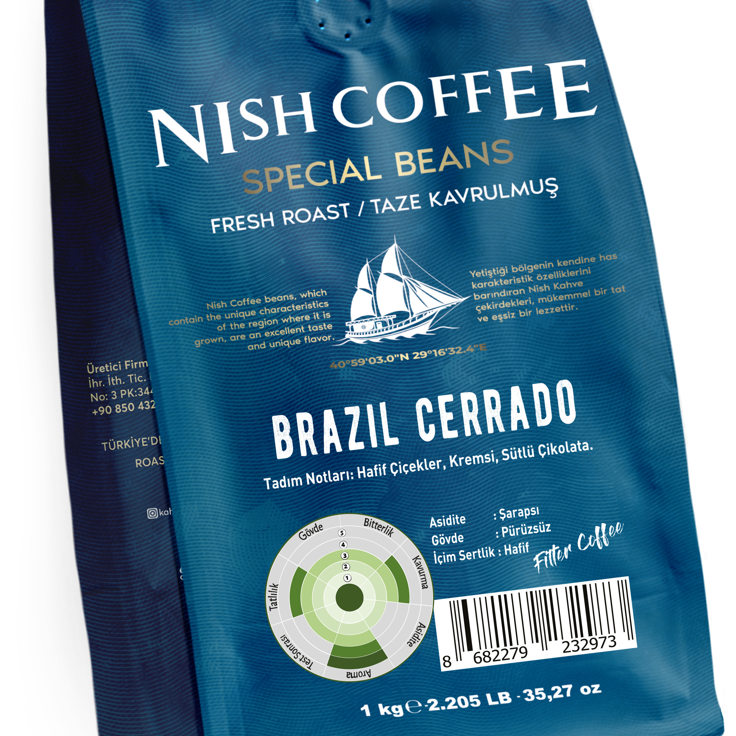 Nish Coffee, Brezilya Cerrado'nun mavi bir çantası, metin ve küçük bir tekne grafiği ile.