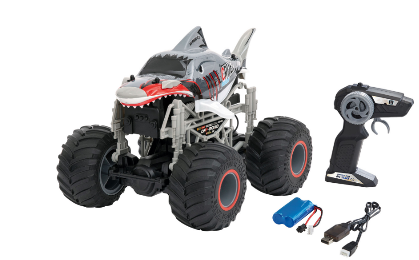 Ein grau-roter Monster-Truck im Hai-Design mit Fernbedienung.